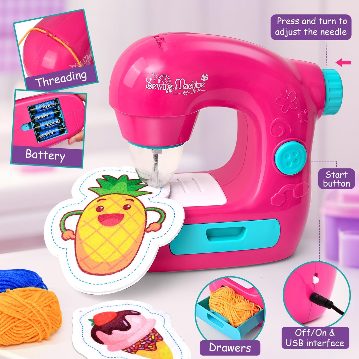 TUZT Mini Sewing Machine Toy Kit for Kids 4-12 | 22-Piece Portable Sewing Set