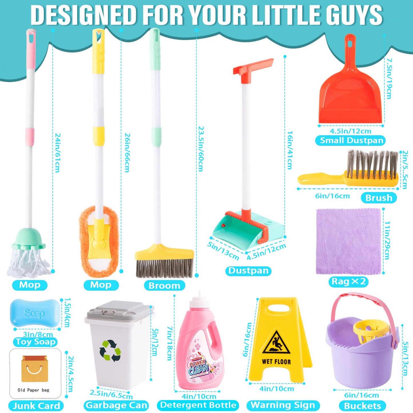 TUZT 14PCS Toddler Cleaning Toy Set – Adjustable Mop & Broom, Montessori Pretend Play Gift