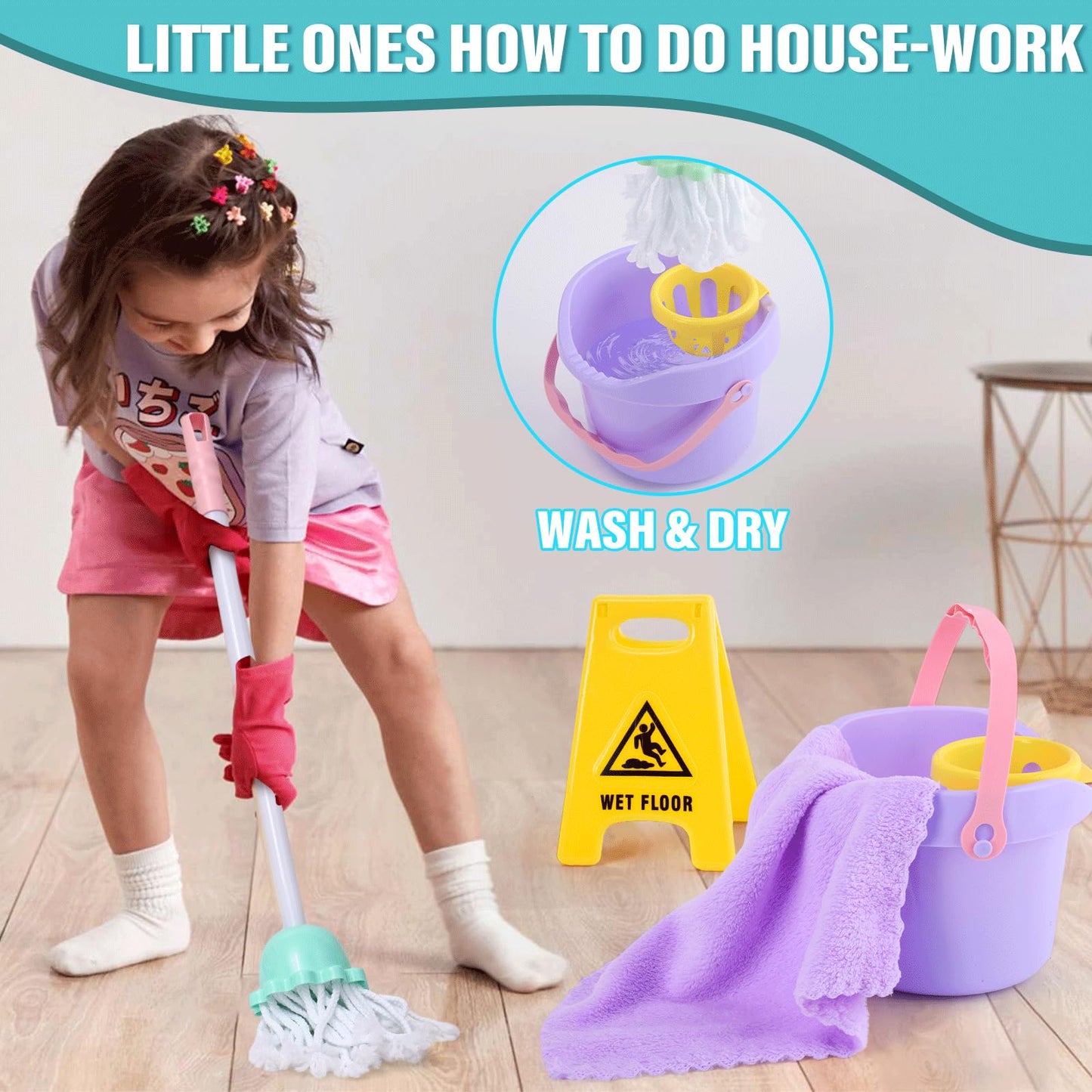 TUZT 14PCS Toddler Cleaning Toy Set – Adjustable Mop & Broom, Montessori Pretend Play Gift