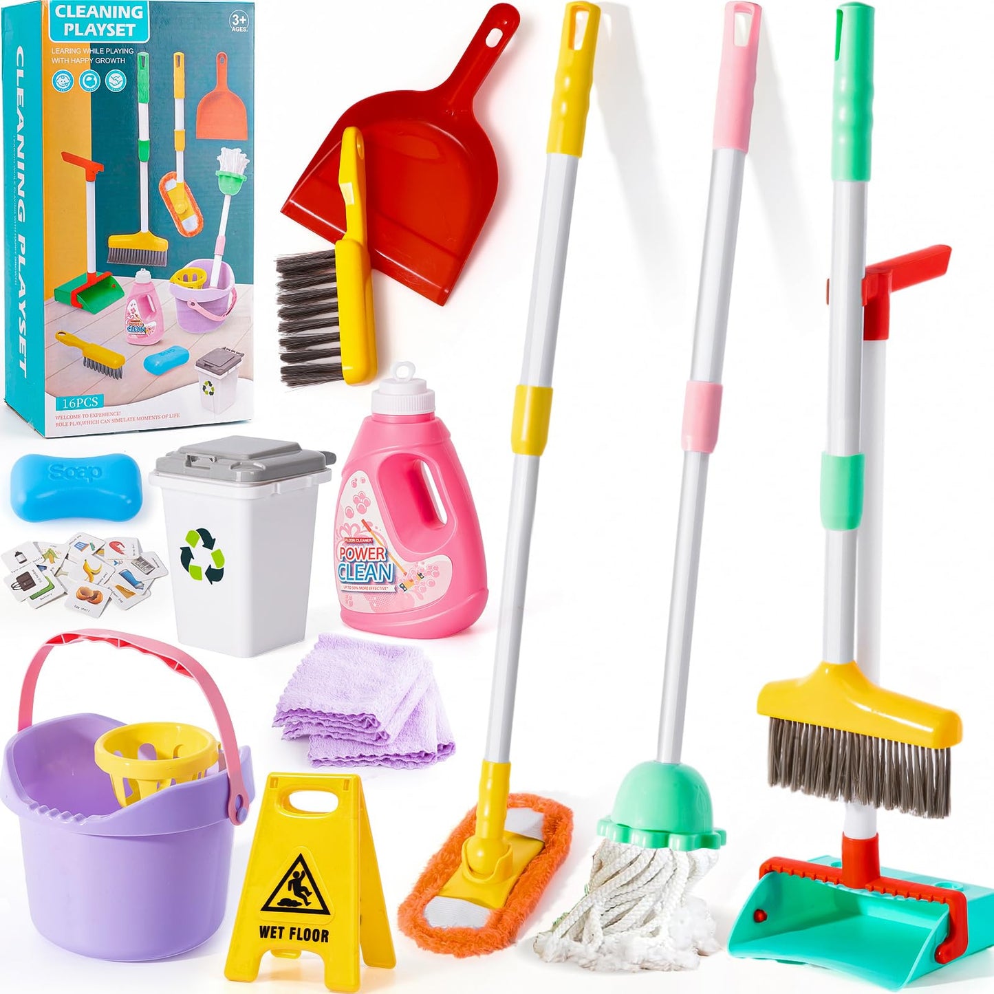 TUZT 14PCS Toddler Cleaning Toy Set – Adjustable Mop & Broom, Montessori Pretend Play Gift