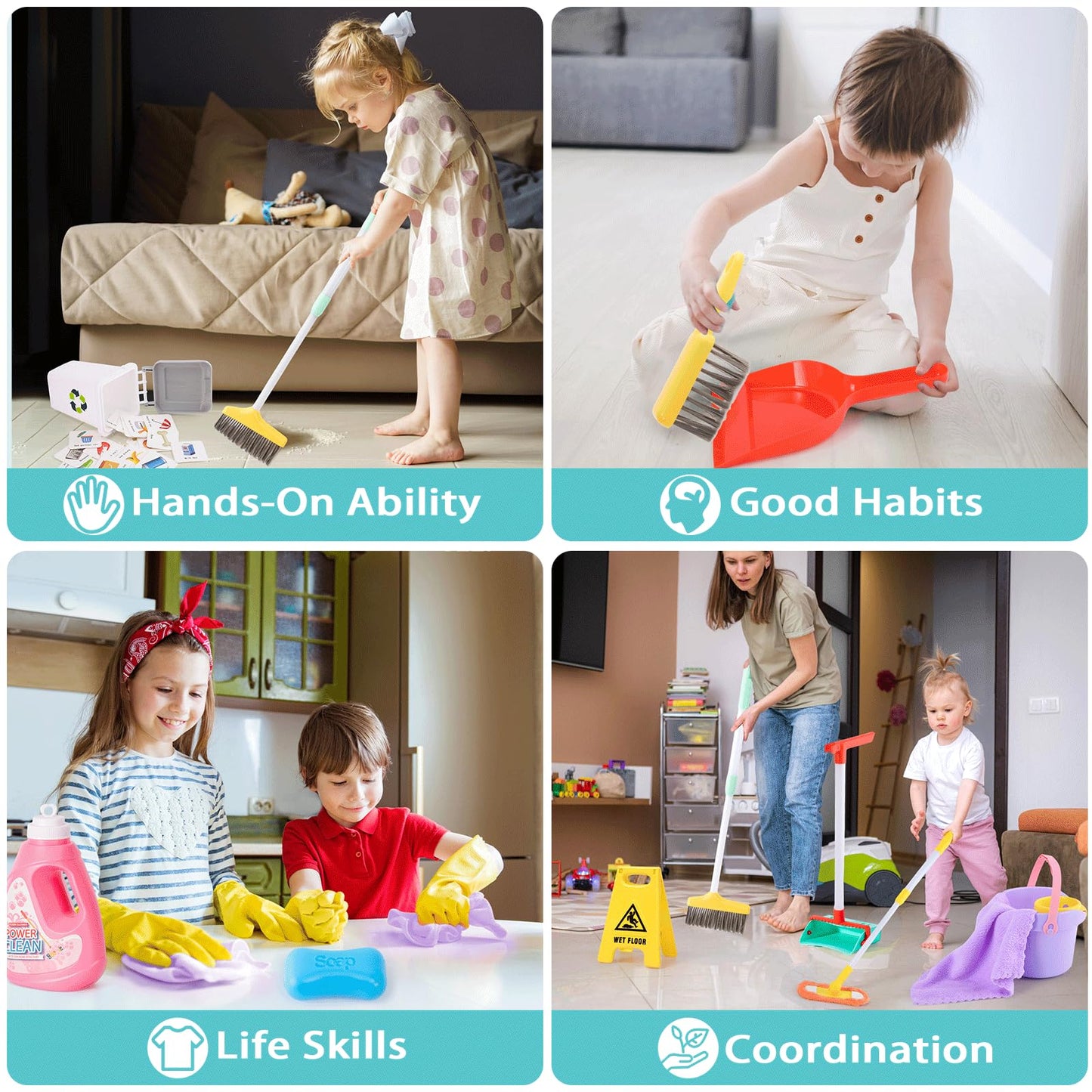 TUZT 14PCS Toddler Cleaning Toy Set – Adjustable Mop & Broom, Montessori Pretend Play Gift