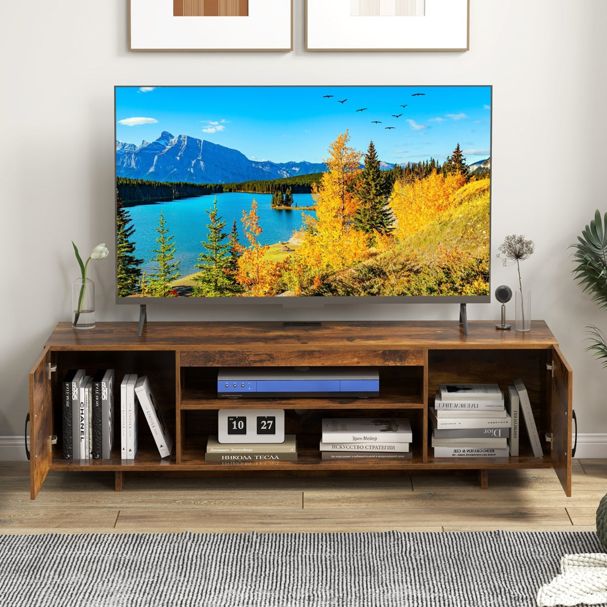 TV Stand for TVs up to 70 Inches with Power Outlet and 2 Cable Holes-Black