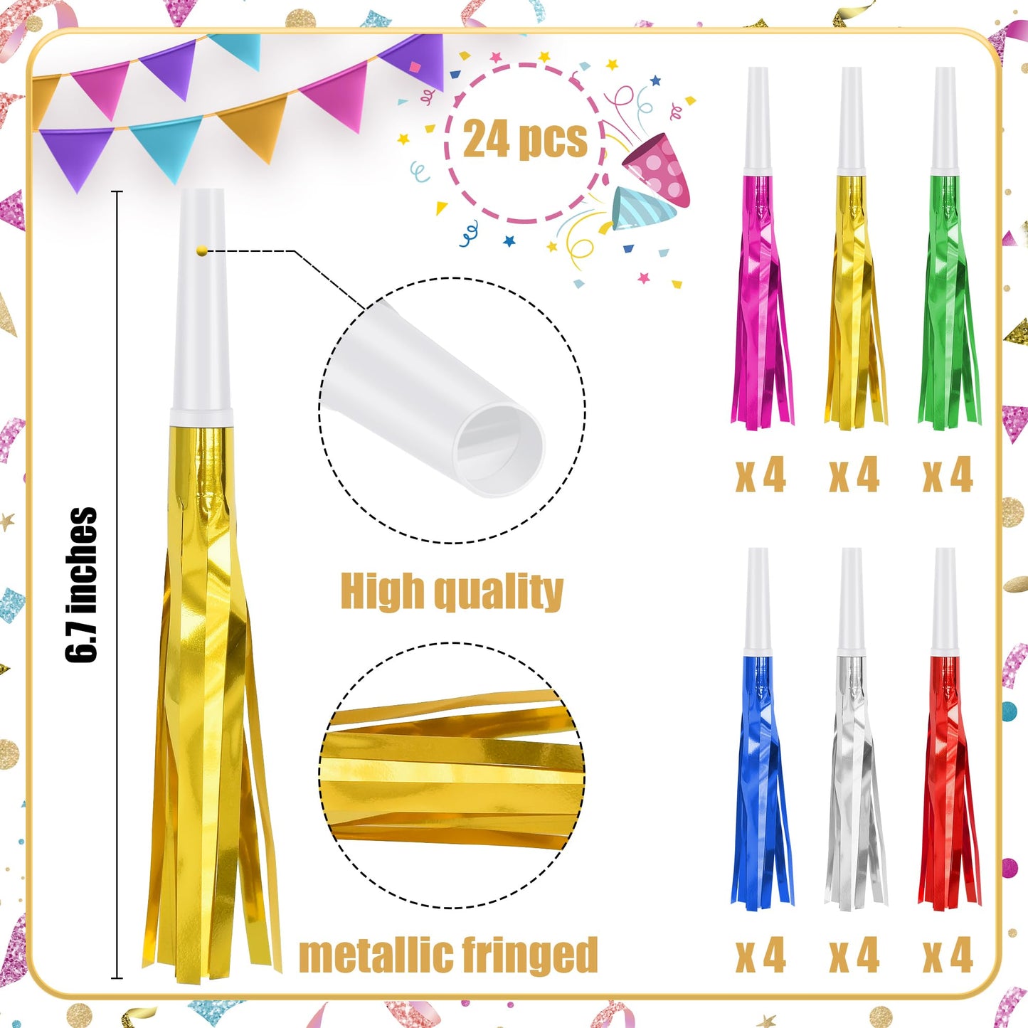 Twavang 24 Pcs Glitter Noise Makers – Colorful Metallic Fringe Blowers