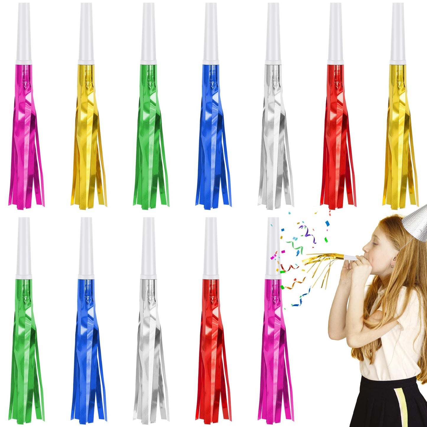 Twavang 12 Pcs Glitter Noise Makers – Metallic Fringed Party Blowouts for Adults | Colorful