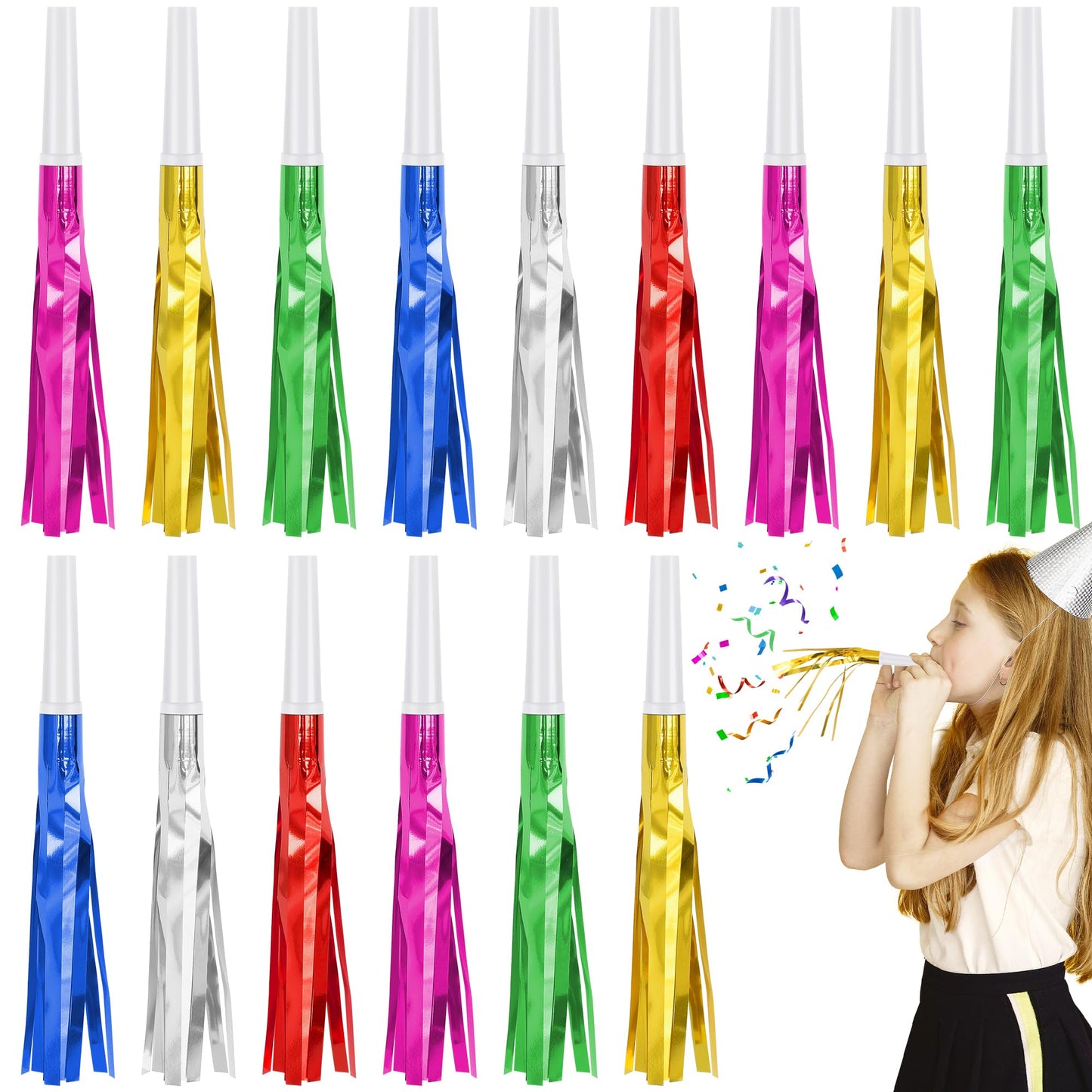Twavang 24 Pcs Glitter Noise Makers – Colorful Metallic Fringe Blowers