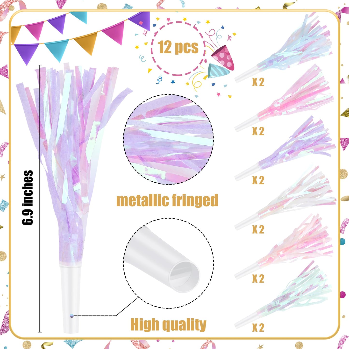 Twavang 12 Pcs Glitter Party Blowers – Metallic Fringe Noise Makers for Parties