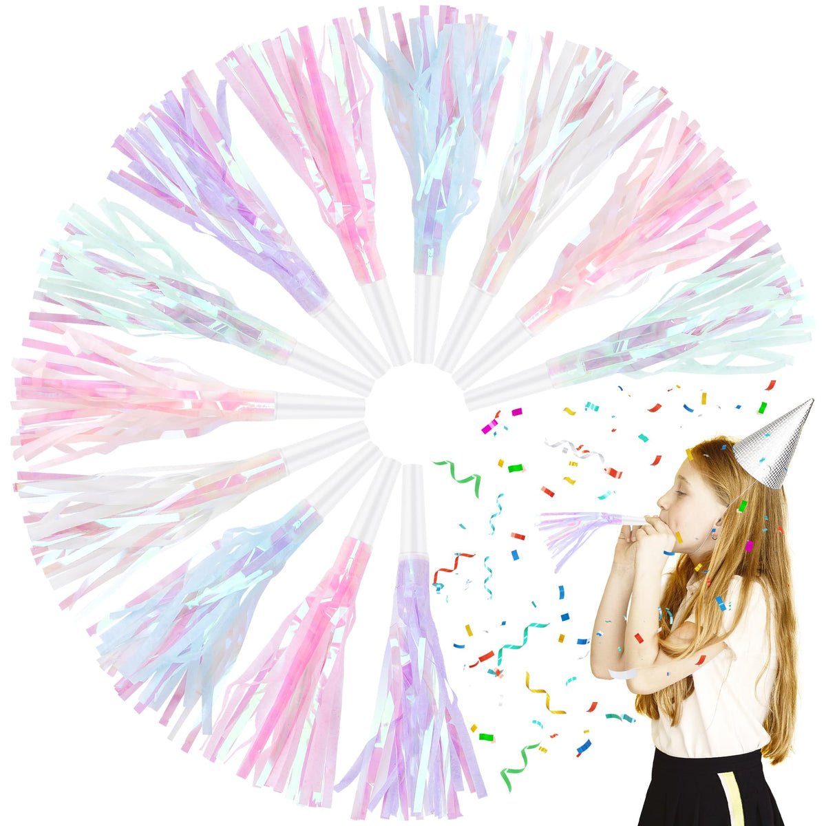 Twavang 12 Pcs Glitter Party Blowers – Metallic Fringe Noise Makers for Parties