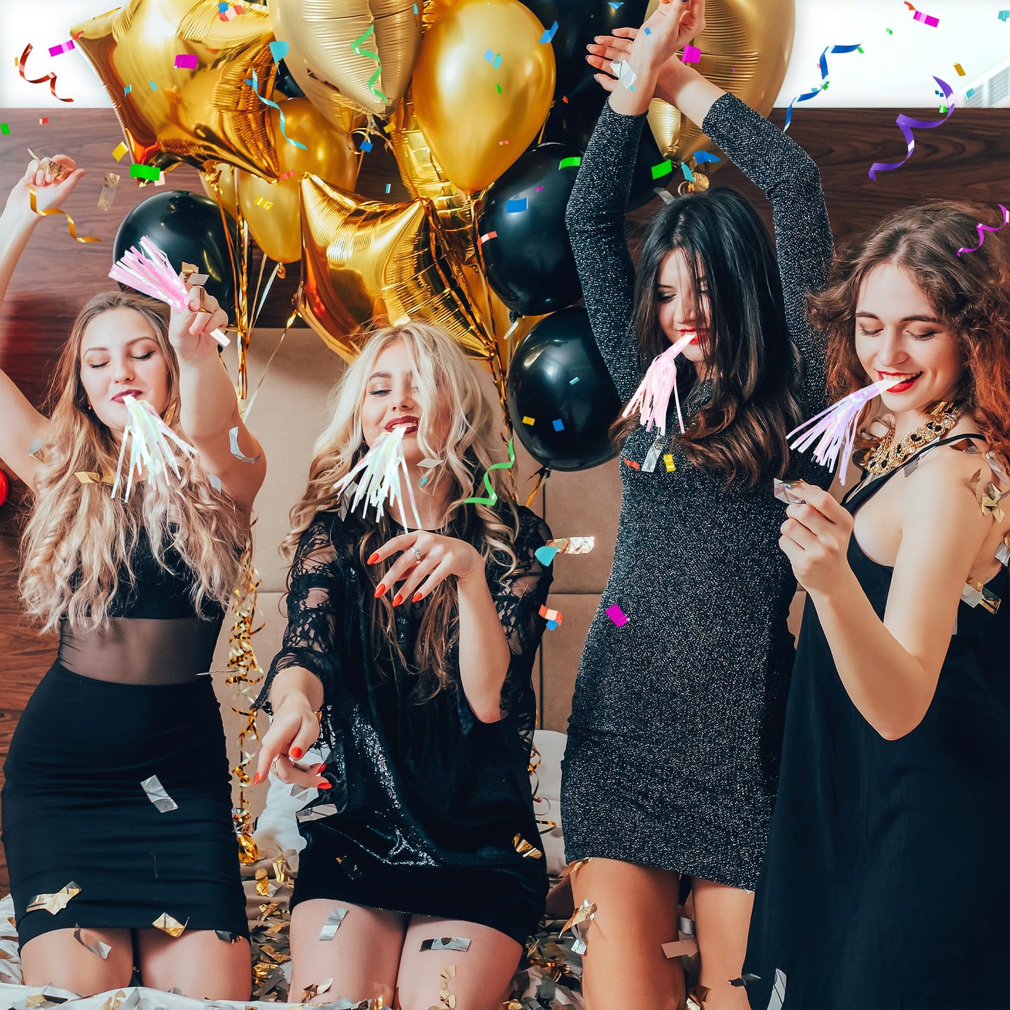Twavang 12 Pcs Glitter Party Blowers – Metallic Fringe Noise Makers for Parties