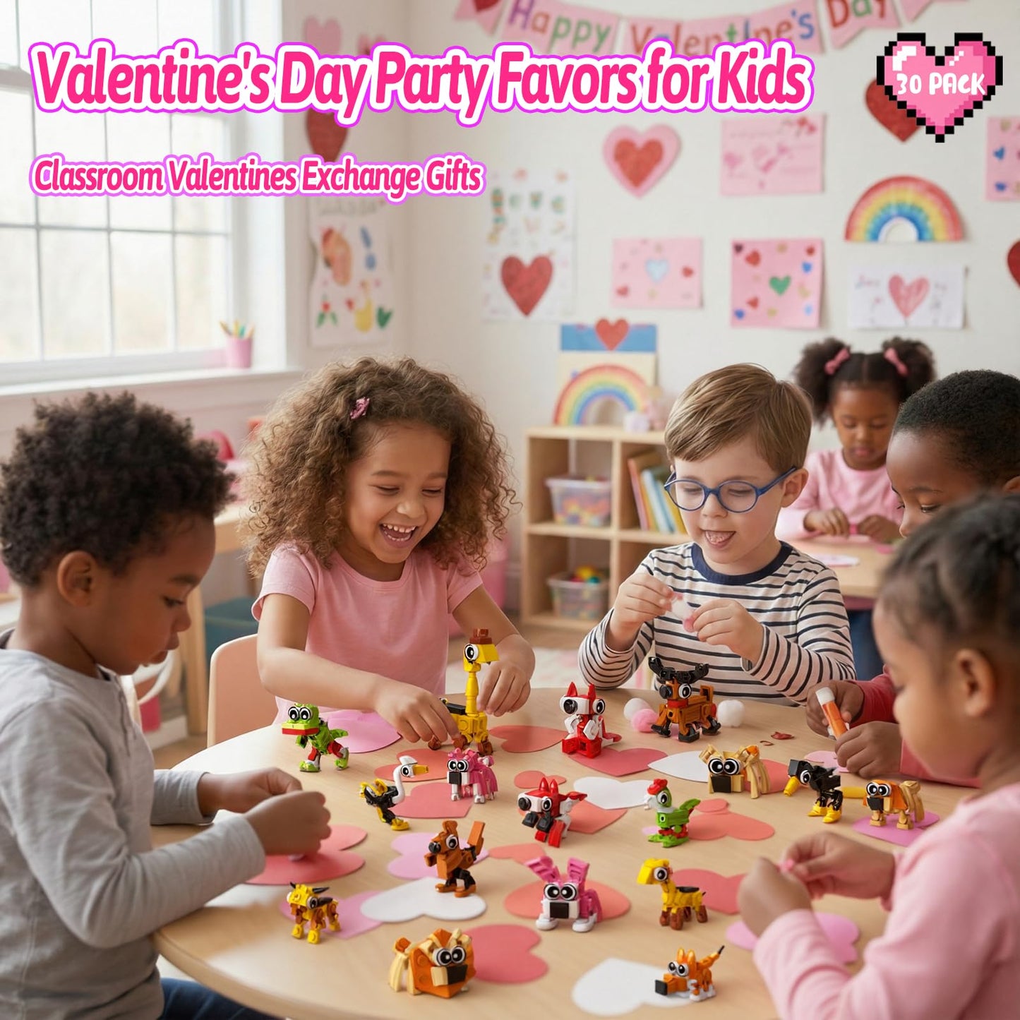 TWERF Valentines Party Favors for Kids – 30 Pack Animals Building Blocks Set (Ages 6-12)