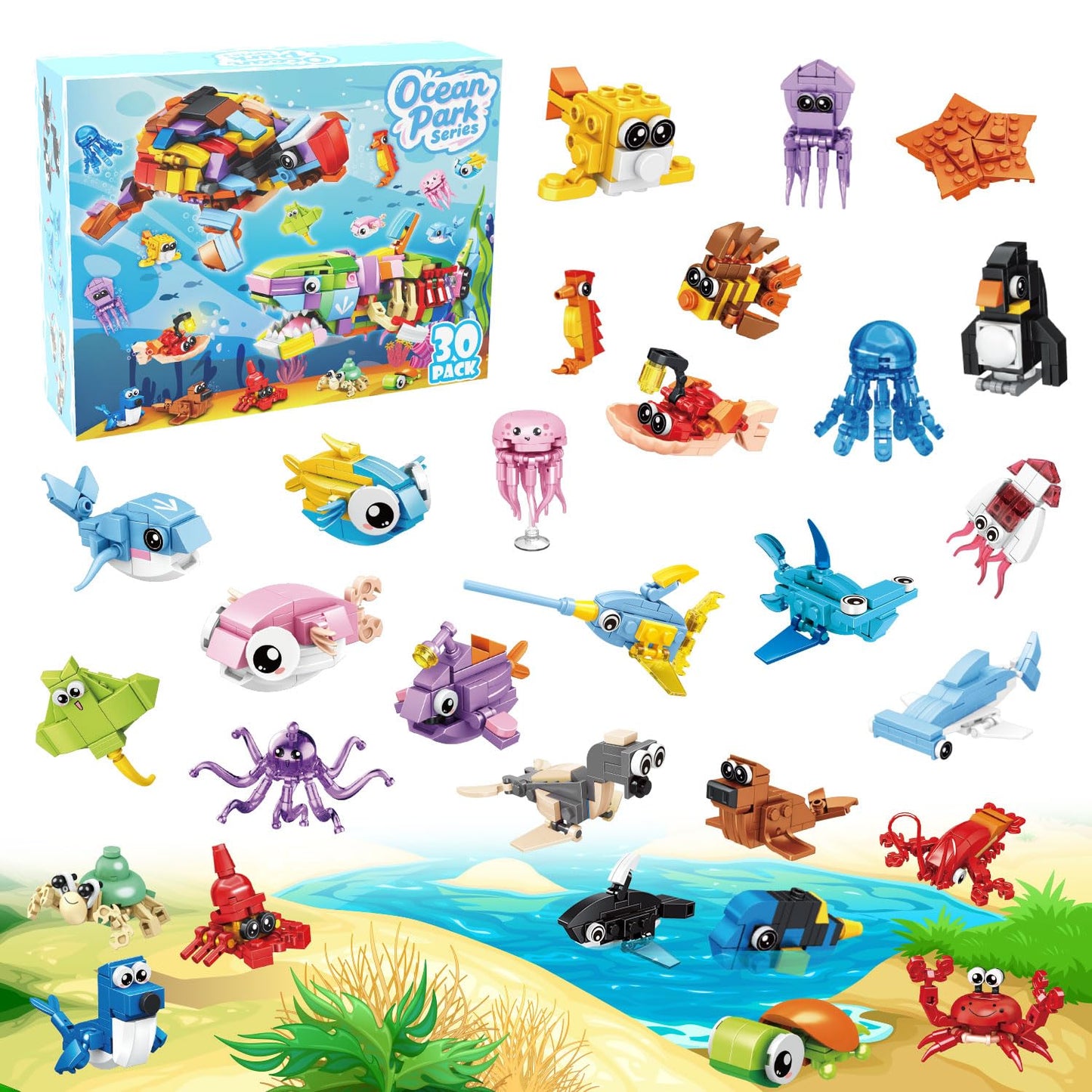 TWERF 30 Packs Ocean Party Favors — 895 PCS Mini Marine Animals Building Blocks for Goodie Bags, Classroom Prizes, Easter & Birthday Parties
