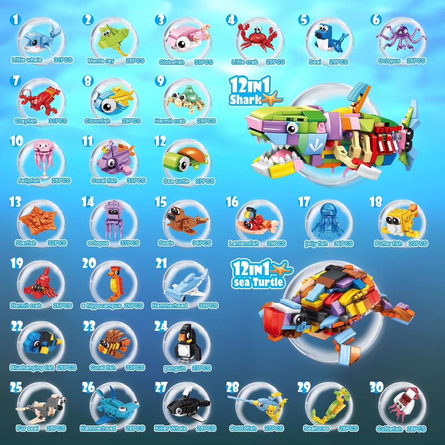 TWERF 30 Packs Ocean Party Favors — 895 PCS Mini Marine Animals Building Blocks for Goodie Bags, Classroom Prizes, Easter & Birthday Parties