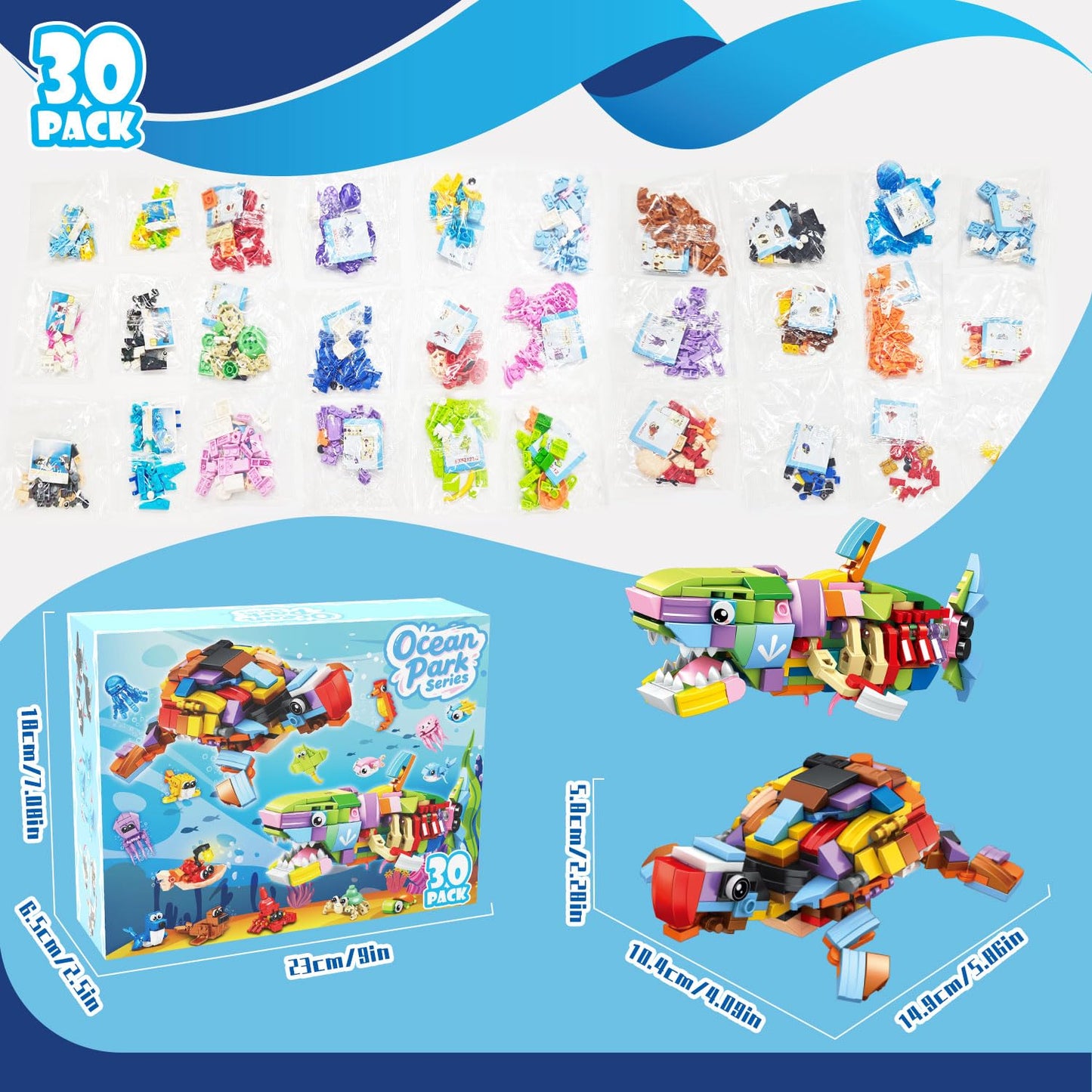 TWERF 30 Packs Ocean Party Favors — 895 PCS Mini Marine Animals Building Blocks for Goodie Bags, Classroom Prizes, Easter & Birthday Parties