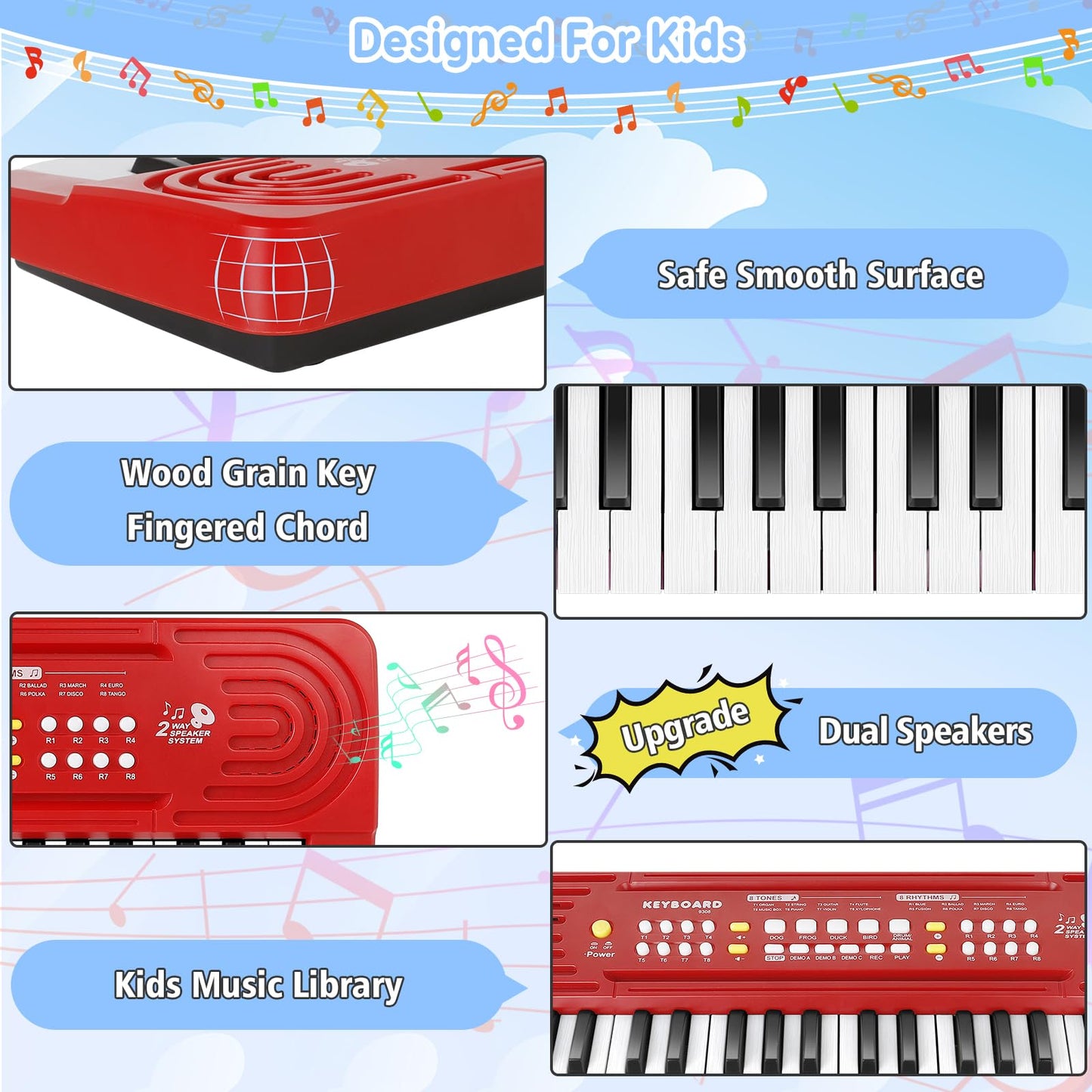 TWFRIC Kids 37-Key Toy Piano Keyboard with Dual Speakers & Mic – Ideal 3-8 Year Old Gift (Red)