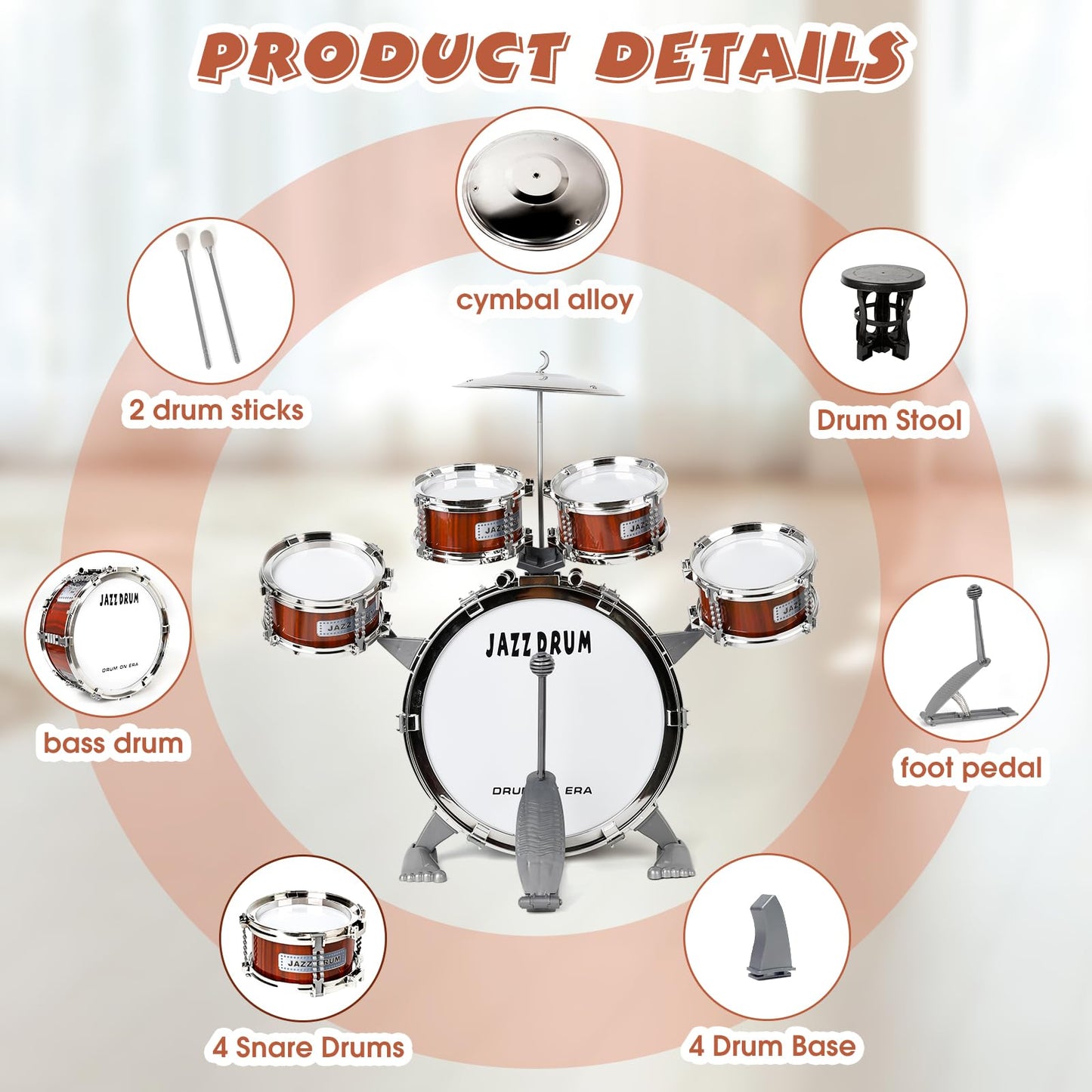 TWFRIC Toy Drum Set for Toddlers & Kids – 5-Drum Jazz Kit with Stool & Pedal (Ages 3-5)