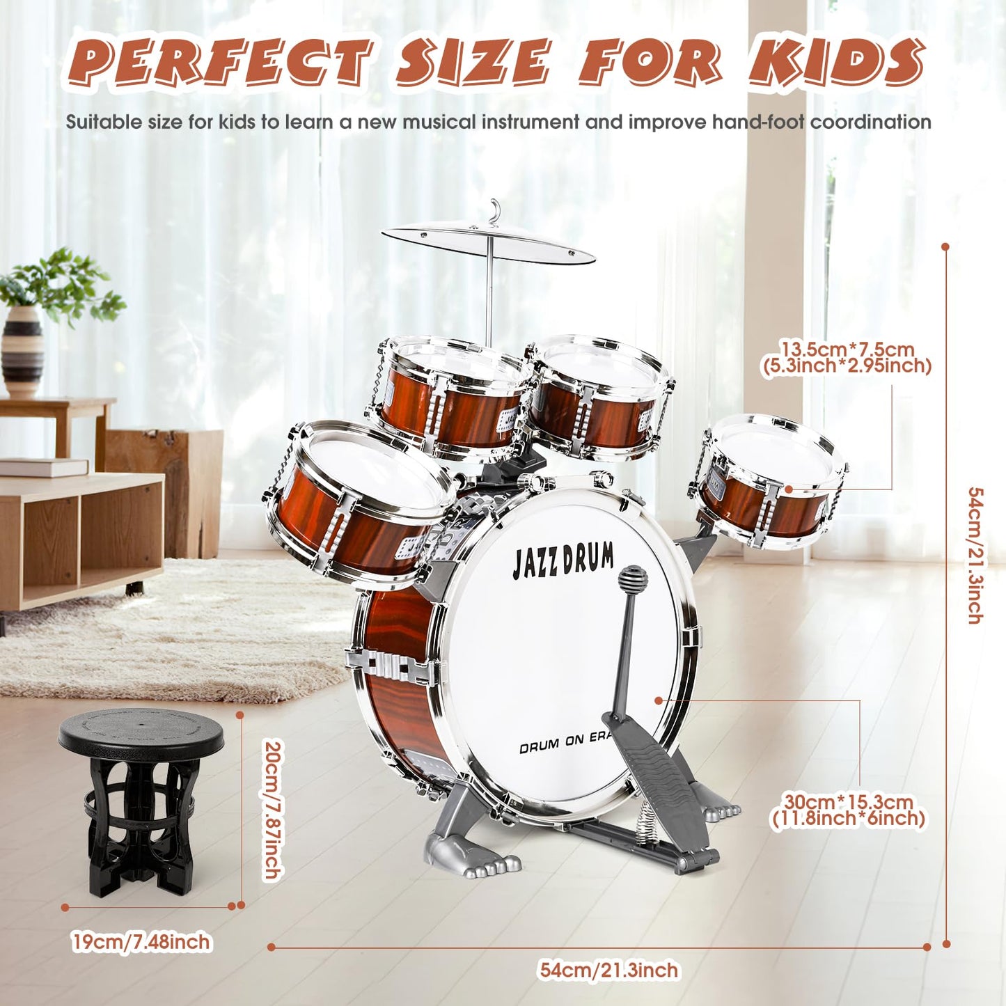 TWFRIC Toy Drum Set for Toddlers & Kids – 5-Drum Jazz Kit with Stool & Pedal (Ages 3-5)