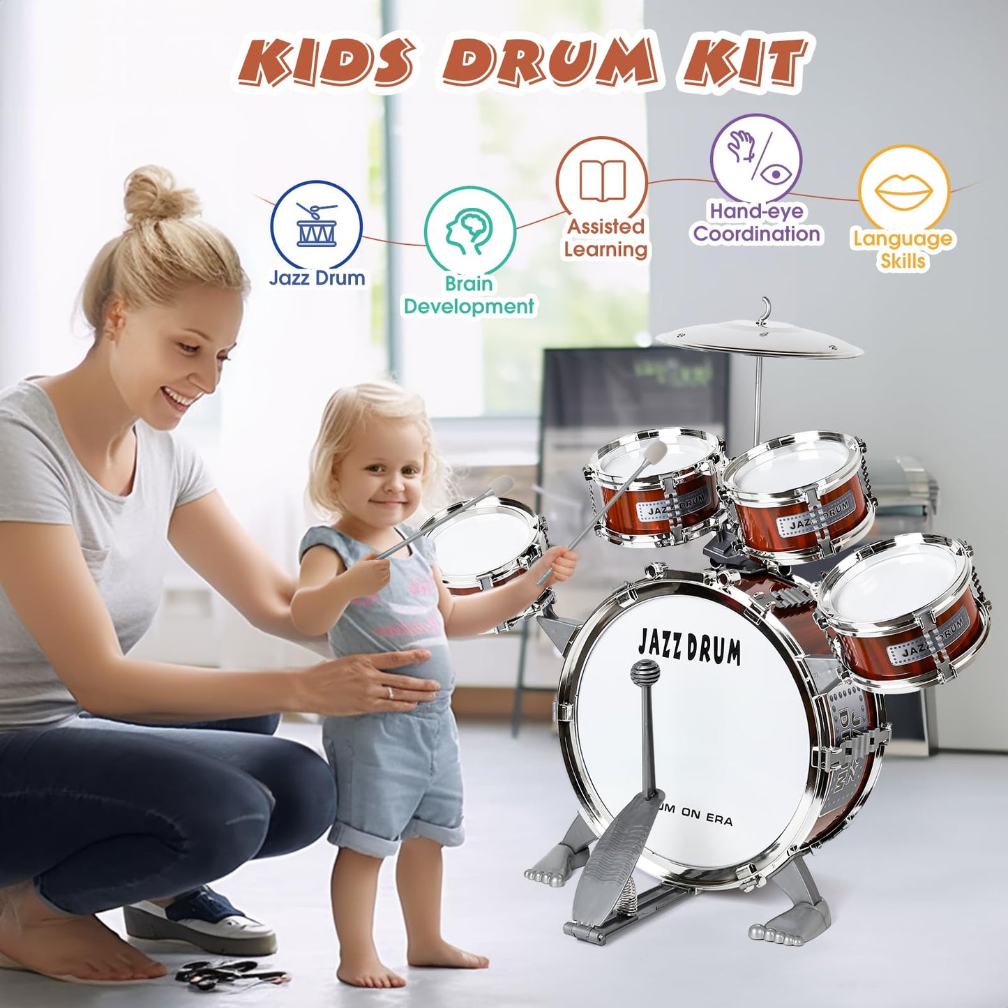 TWFRIC Toy Drum Set for Toddlers & Kids – 5-Drum Jazz Kit with Stool & Pedal (Ages 3-5)
