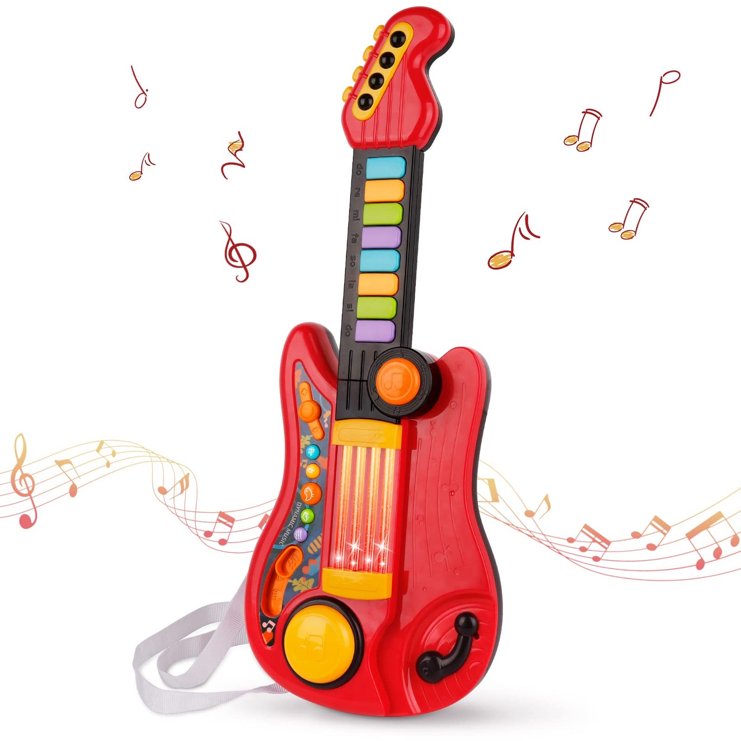 TWFRIC Kids Guitar 2-in-1 Musical Instrument Toy with Strap – Piano & Guitar for 3-5 Year Olds (Red)