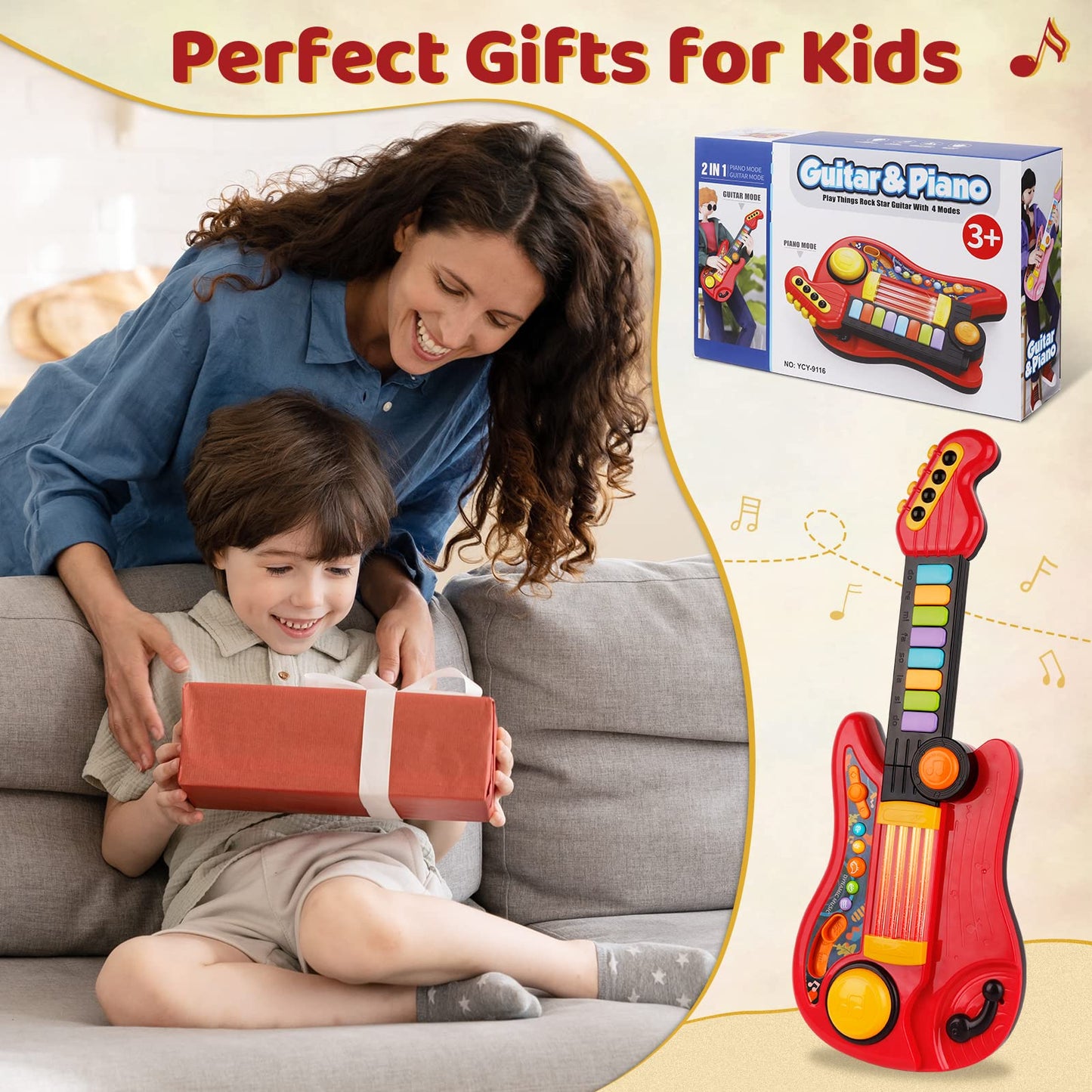 TWFRIC Kids Guitar 2-in-1 Musical Instrument Toy with Strap – Piano & Guitar for 3-5 Year Olds (Red)