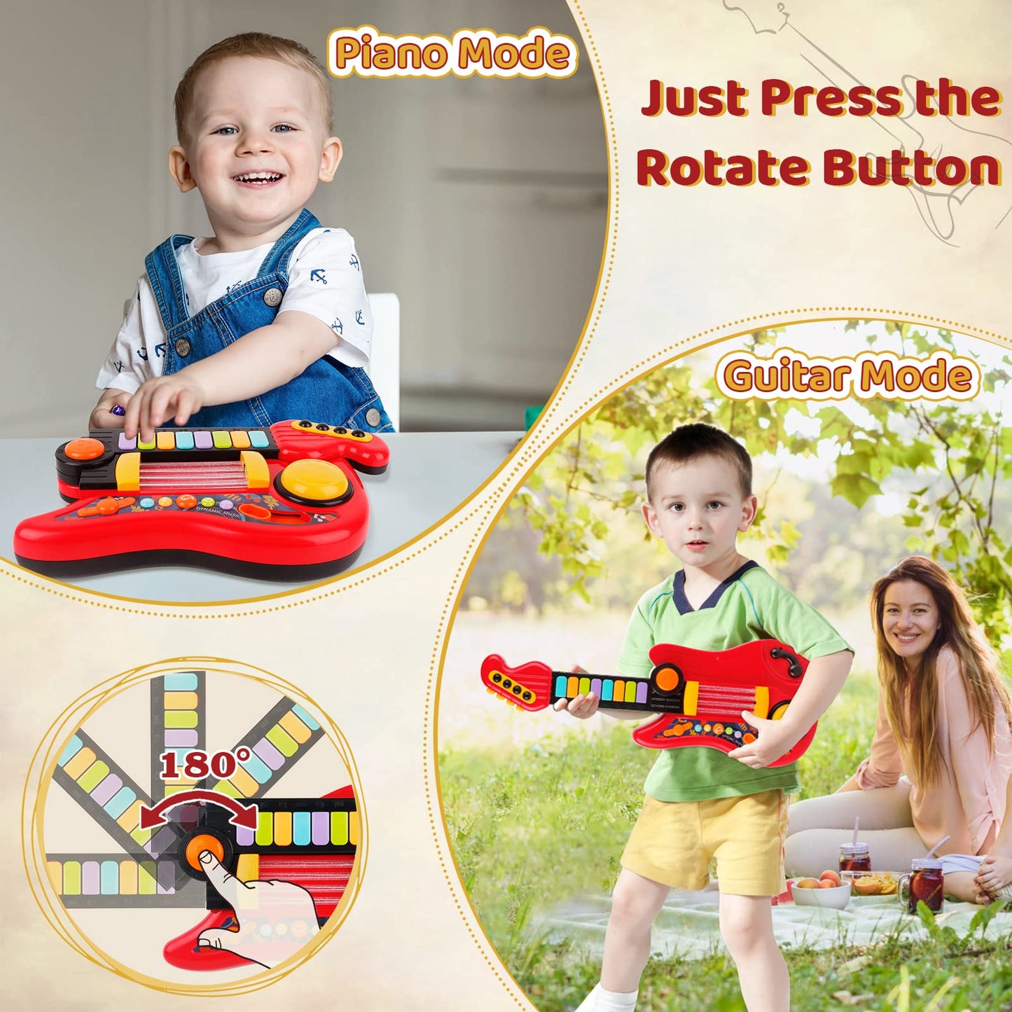 TWFRIC Kids Guitar 2-in-1 Musical Instrument Toy with Strap – Piano & Guitar for 3-5 Year Olds (Red)