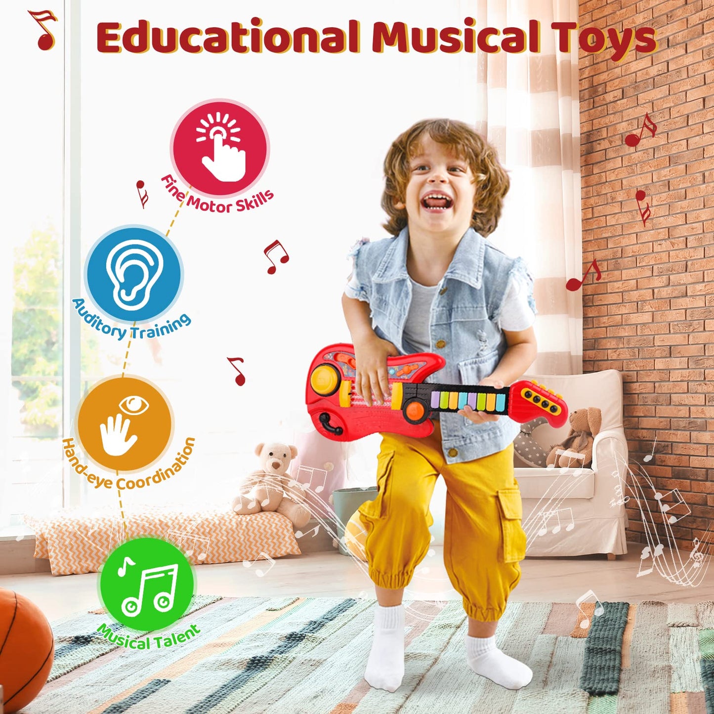 TWFRIC Kids Guitar 2-in-1 Musical Instrument Toy with Strap – Piano & Guitar for 3-5 Year Olds (Red)