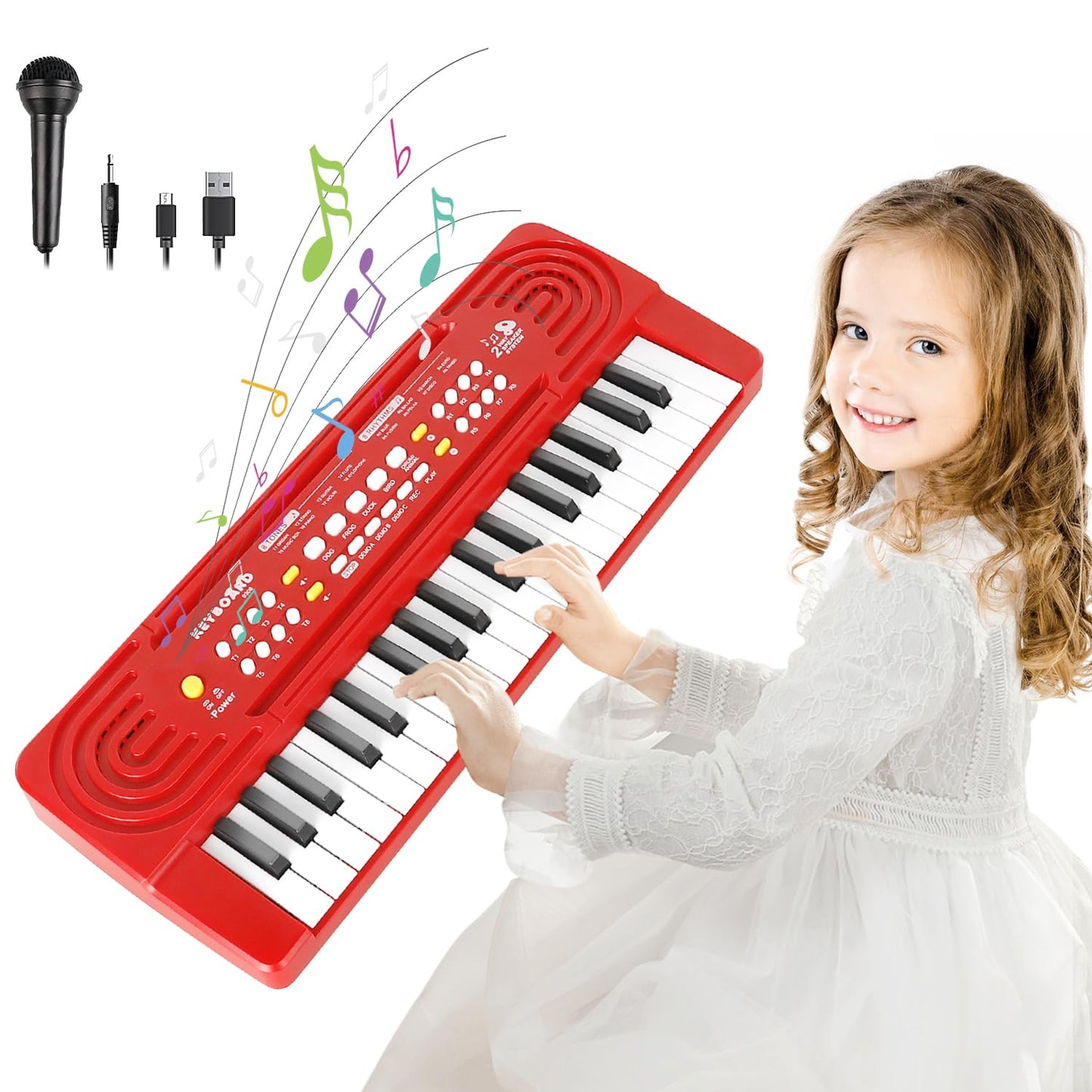 TWFRIC Kids 37-Key Toy Piano Keyboard with Dual Speakers & Mic – Ideal 3-8 Year Old Gift (Red)