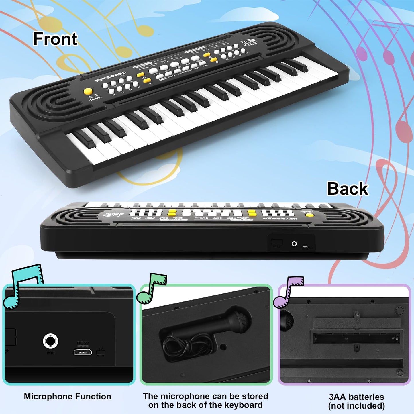 TWFRIC 37-Key Kids Toy Piano Keyboard with Microphone & Dual Speakers – 3-8 Years Gift (Black)