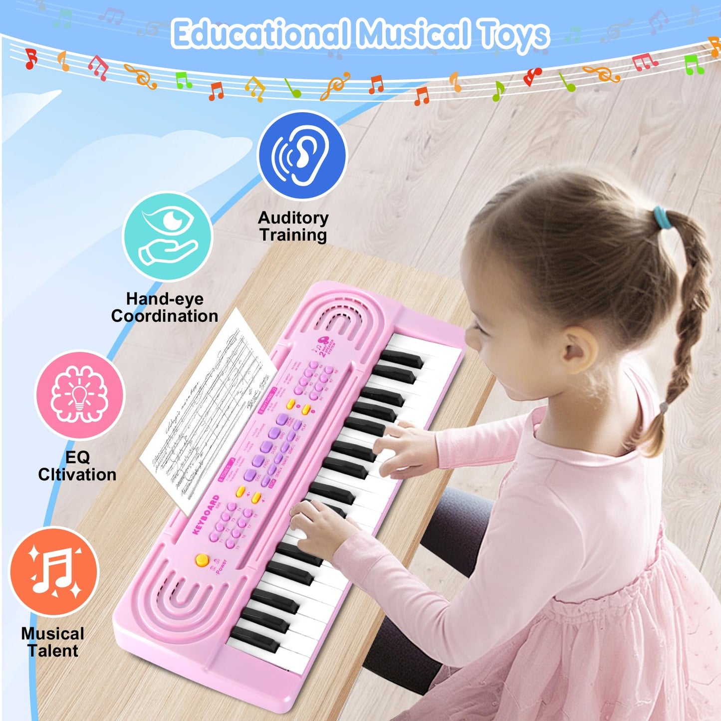 TWFRIC Kids 37-Key Pink Toy Piano – Dual Speakers, Record & Playback, Microphone, Ages 3–8