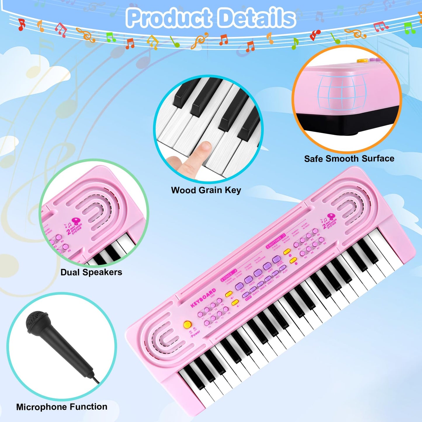 TWFRIC Kids 37-Key Pink Toy Piano – Dual Speakers, Record & Playback, Microphone, Ages 3–8