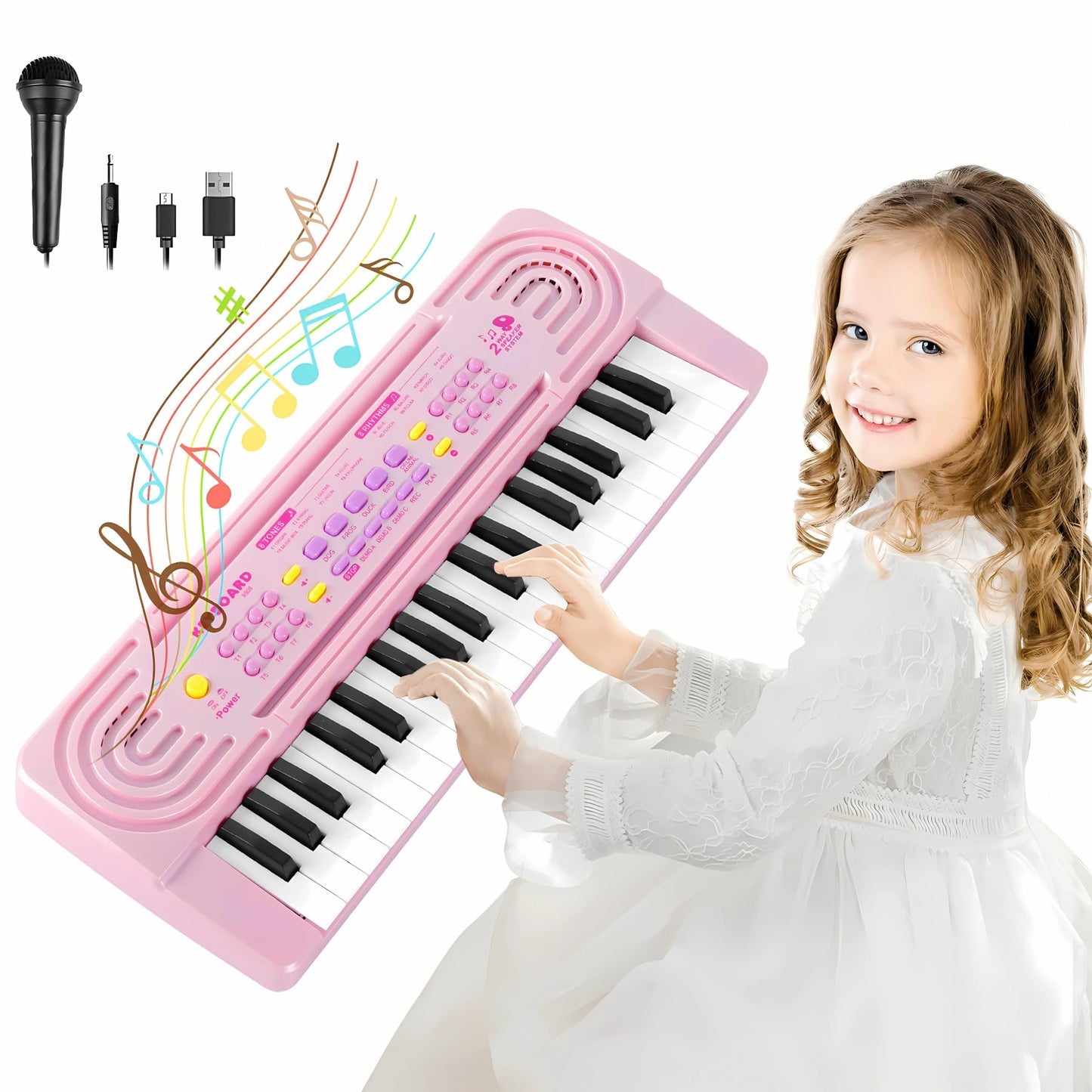 TWFRIC Kids 37-Key Pink Toy Piano – Dual Speakers, Record & Playback, Microphone, Ages 3–8