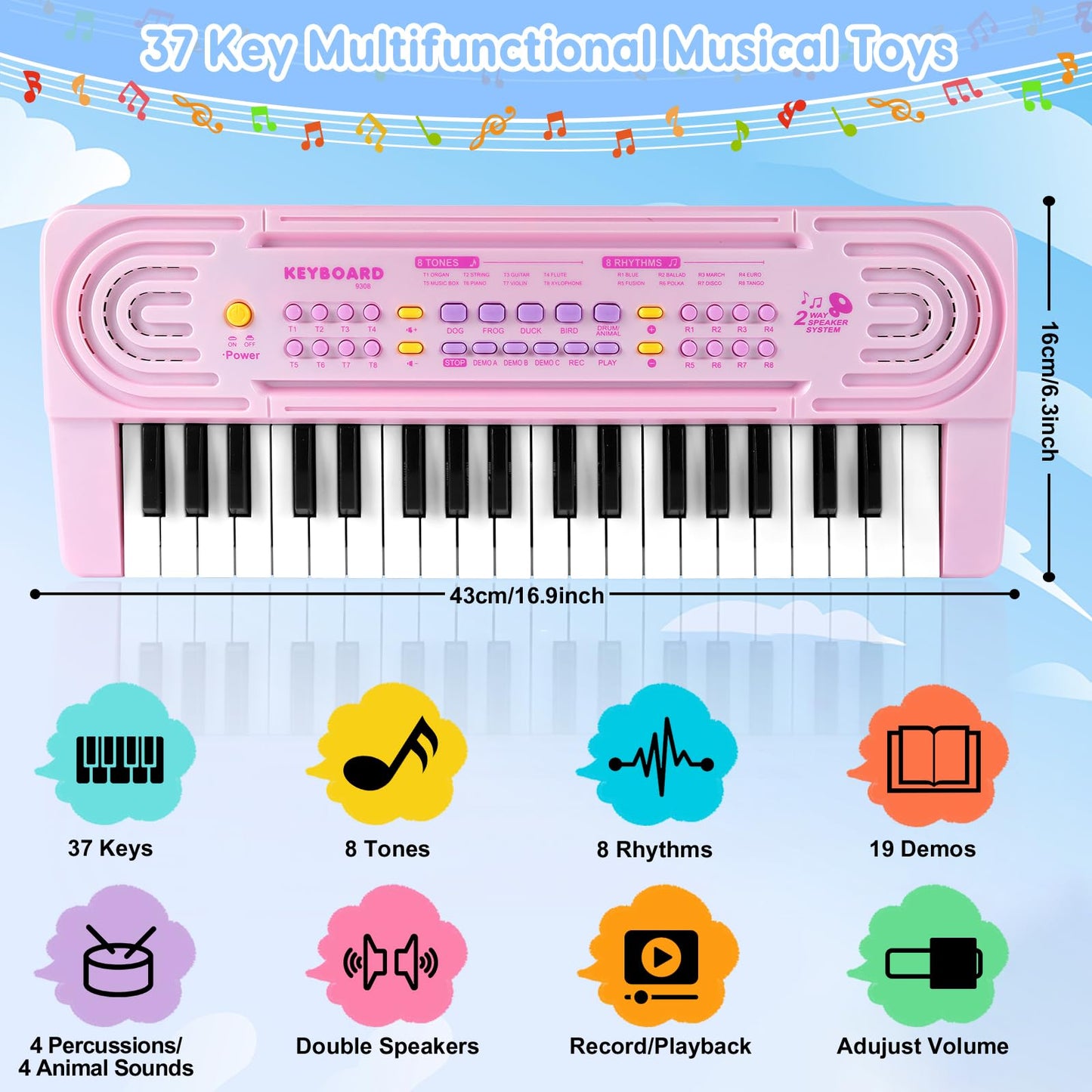 TWFRIC Kids 37-Key Pink Toy Piano – Dual Speakers, Record & Playback, Microphone, Ages 3–8