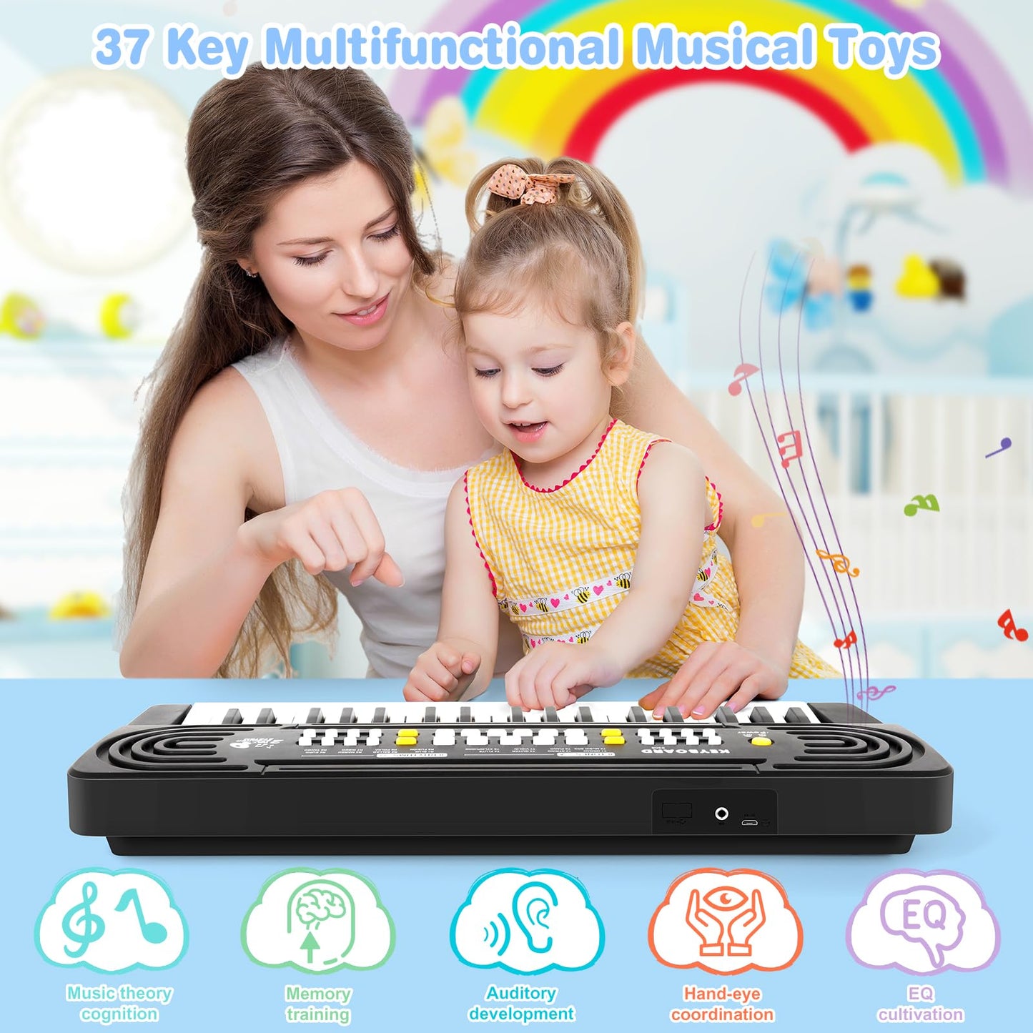 TWFRIC 37-Key Kids Toy Piano Keyboard with Microphone & Dual Speakers – 3-8 Years Gift (Black)