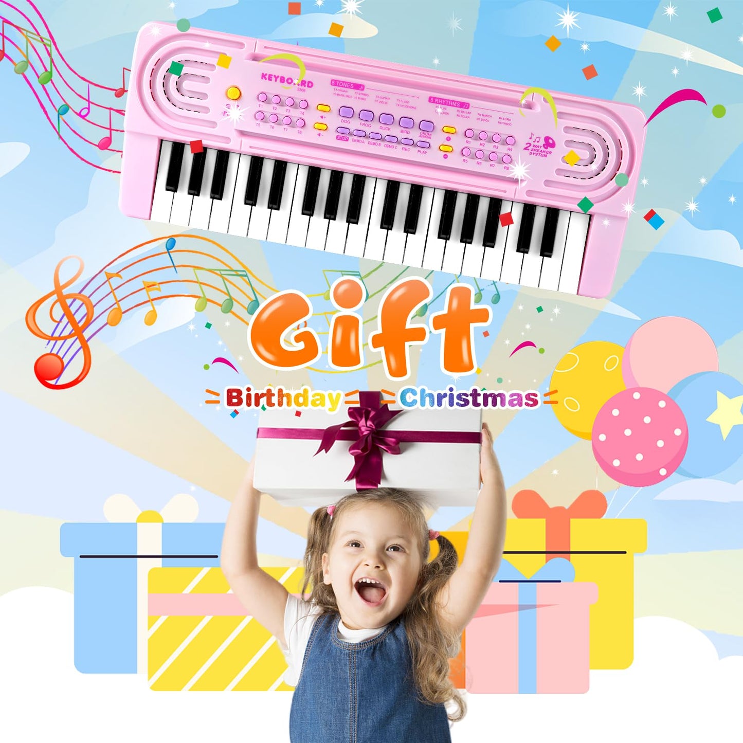 TWFRIC Kids 37-Key Pink Toy Piano – Dual Speakers, Record & Playback, Microphone, Ages 3–8