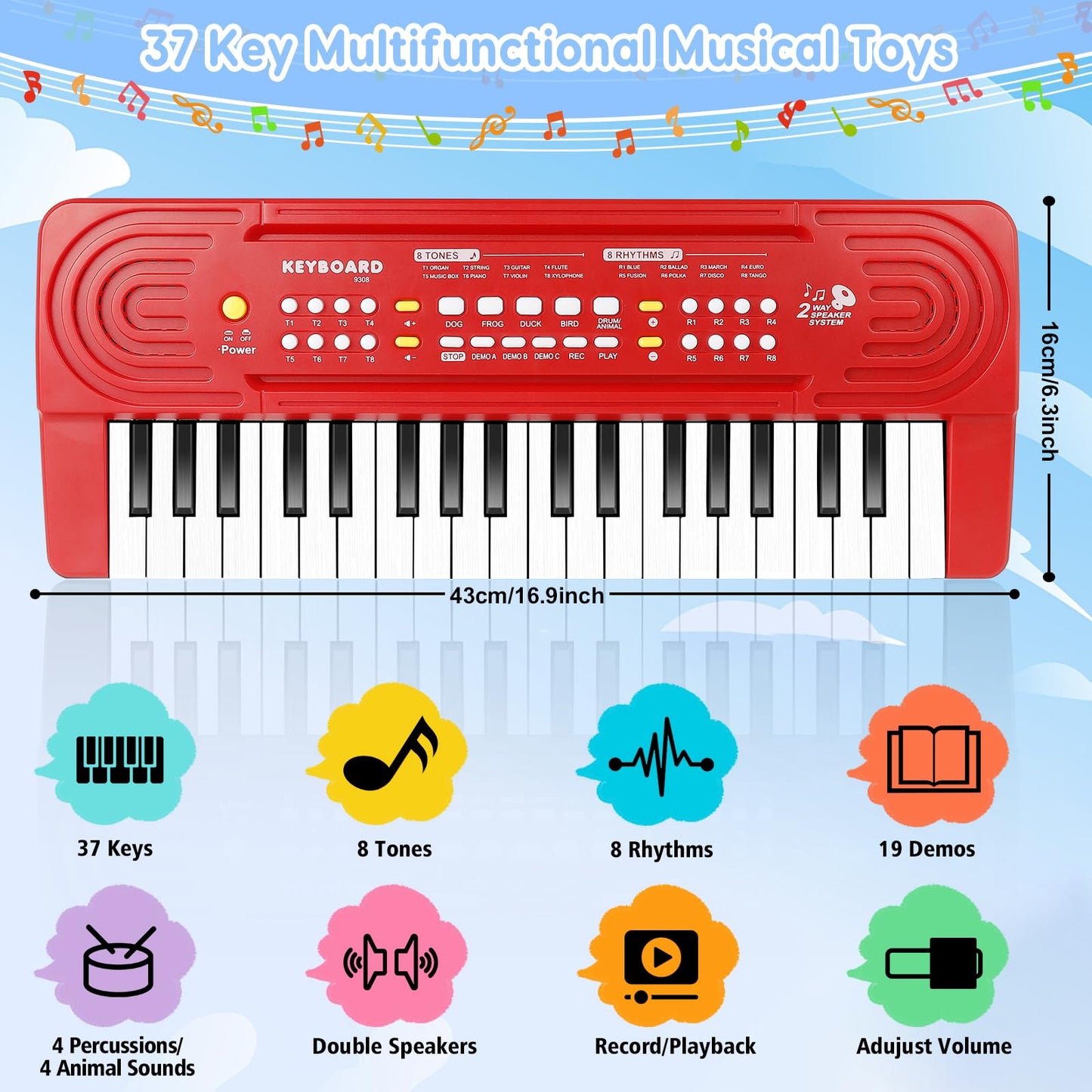 TWFRIC Kids 37-Key Toy Piano Keyboard with Dual Speakers & Mic – Ideal 3-8 Year Old Gift (Red)