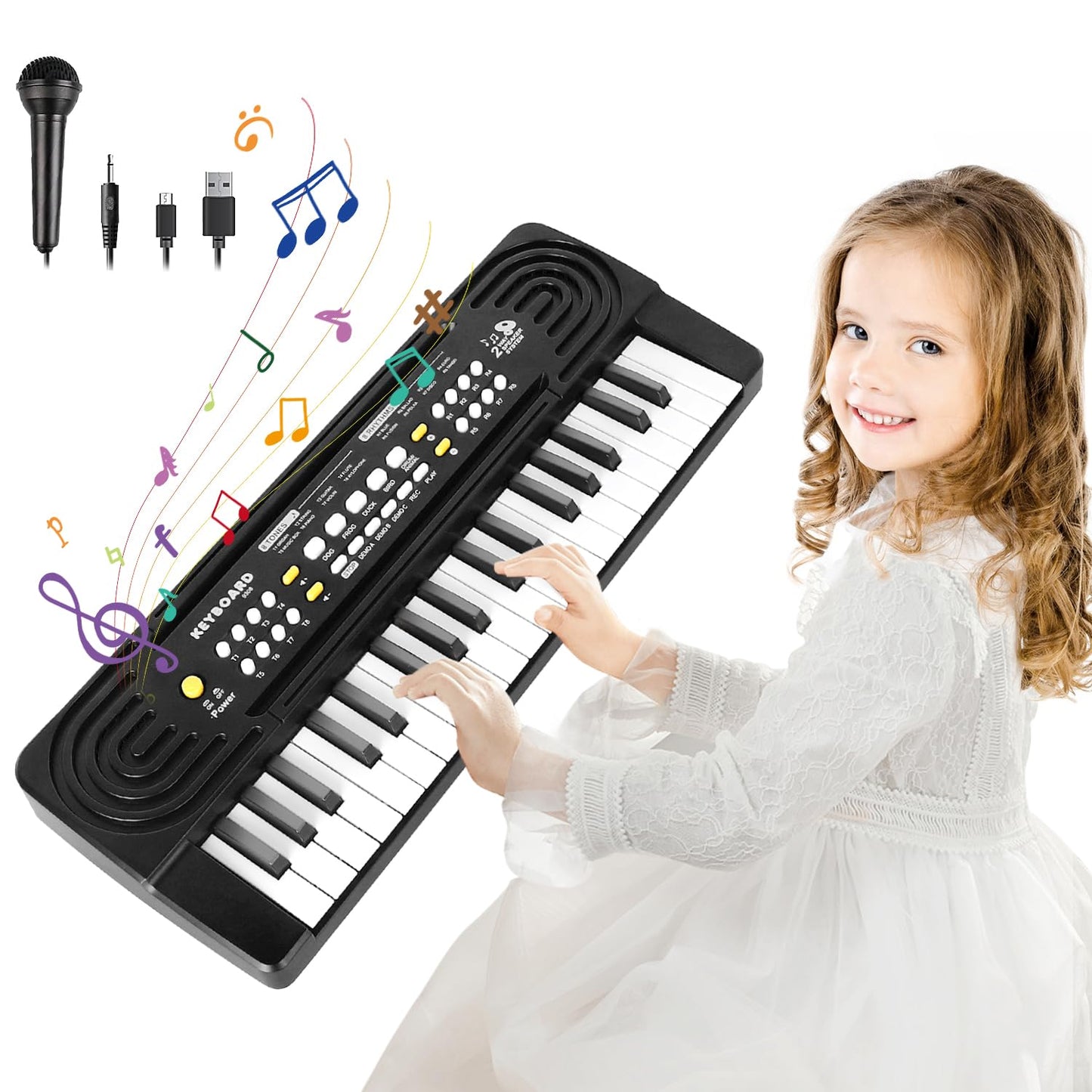 TWFRIC 37-Key Kids Toy Piano Keyboard with Microphone & Dual Speakers – 3-8 Years Gift (Black)