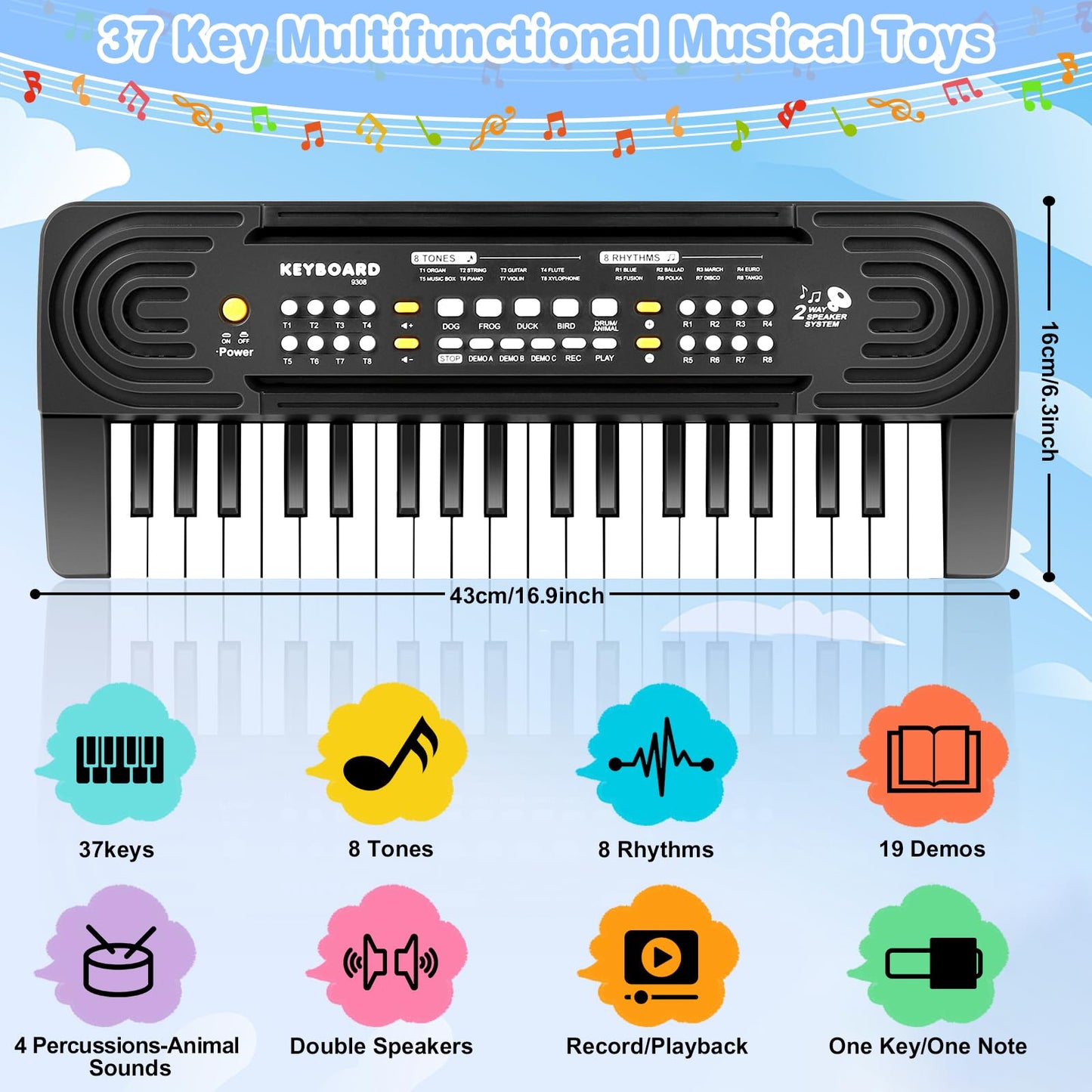 TWFRIC 37-Key Kids Toy Piano Keyboard with Microphone & Dual Speakers – 3-8 Years Gift (Black)