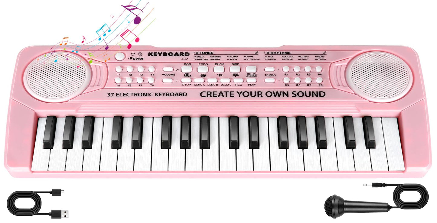TWFRIC Kids Toy Piano Keyboard 37-Key Pink with Microphone | Gift for 3-8 Year Olds