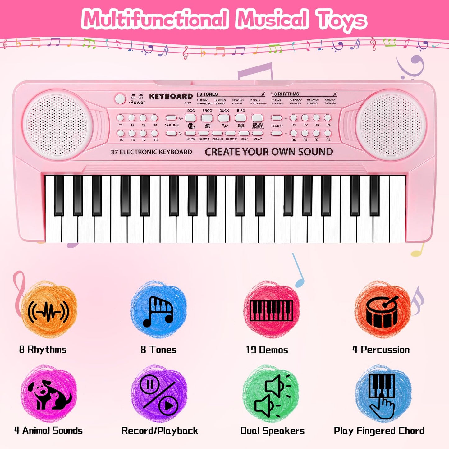 TWFRIC Kids Toy Piano Keyboard 37-Key Pink with Microphone | Gift for 3-8 Year Olds