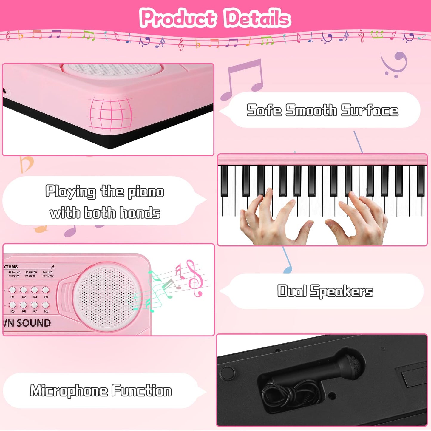 TWFRIC Kids Toy Piano Keyboard 37-Key Pink with Microphone | Gift for 3-8 Year Olds