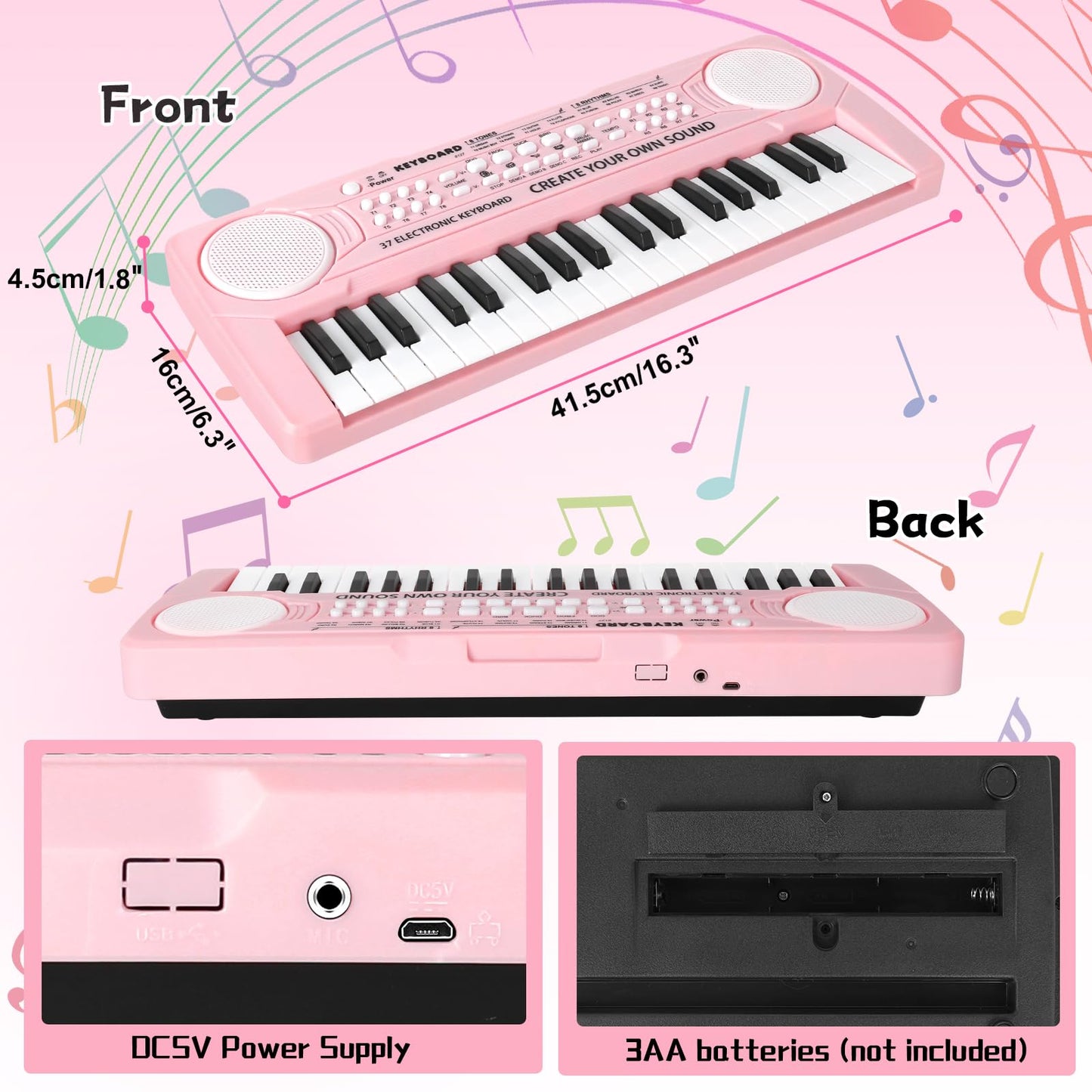 TWFRIC Kids Toy Piano Keyboard 37-Key Pink with Microphone | Gift for 3-8 Year Olds