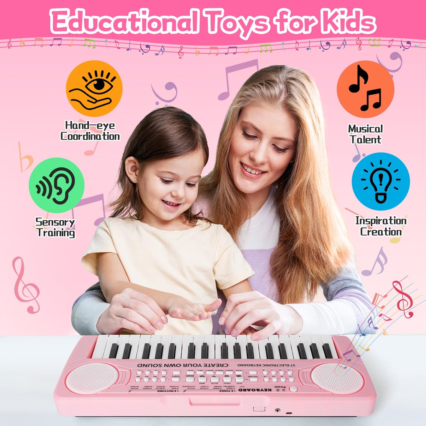 TWFRIC Kids Toy Piano Keyboard 37-Key Pink with Microphone | Gift for 3-8 Year Olds