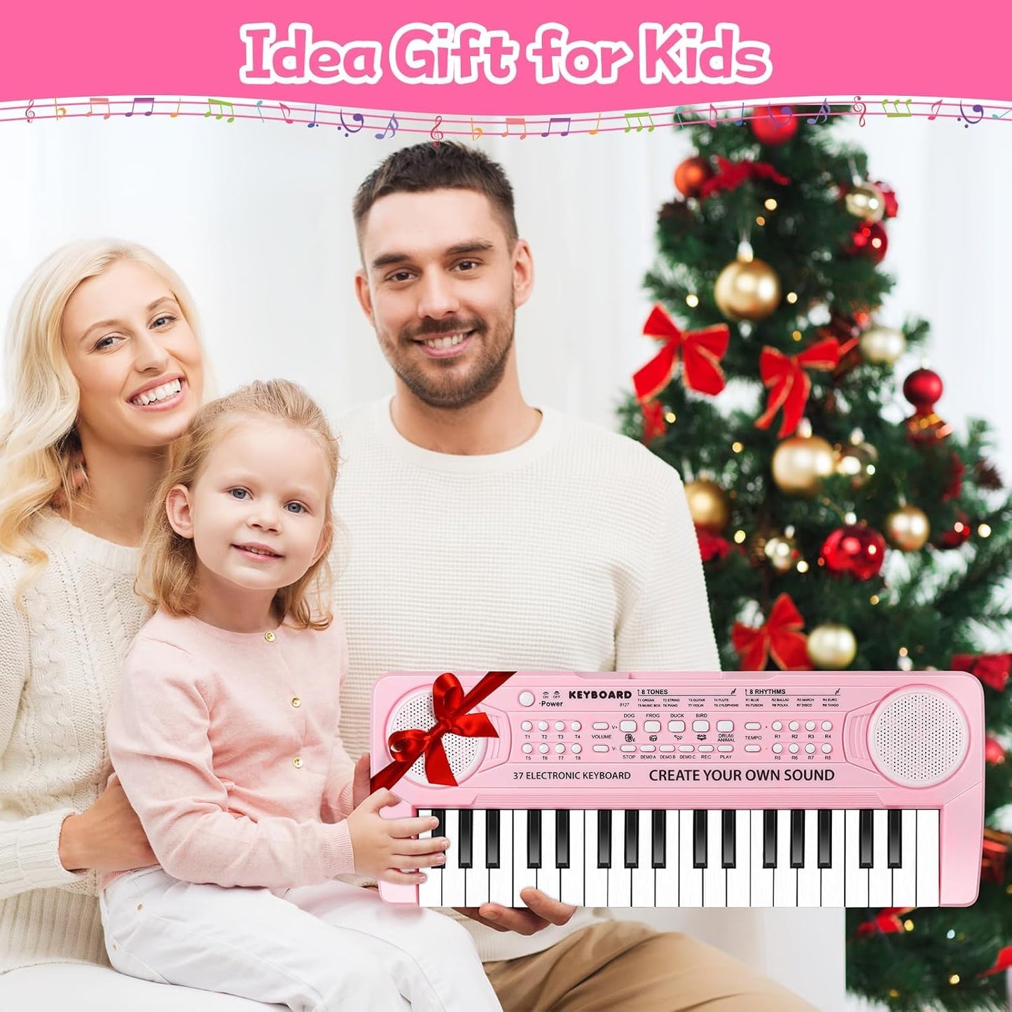 TWFRIC Kids Toy Piano Keyboard 37-Key Pink with Microphone | Gift for 3-8 Year Olds