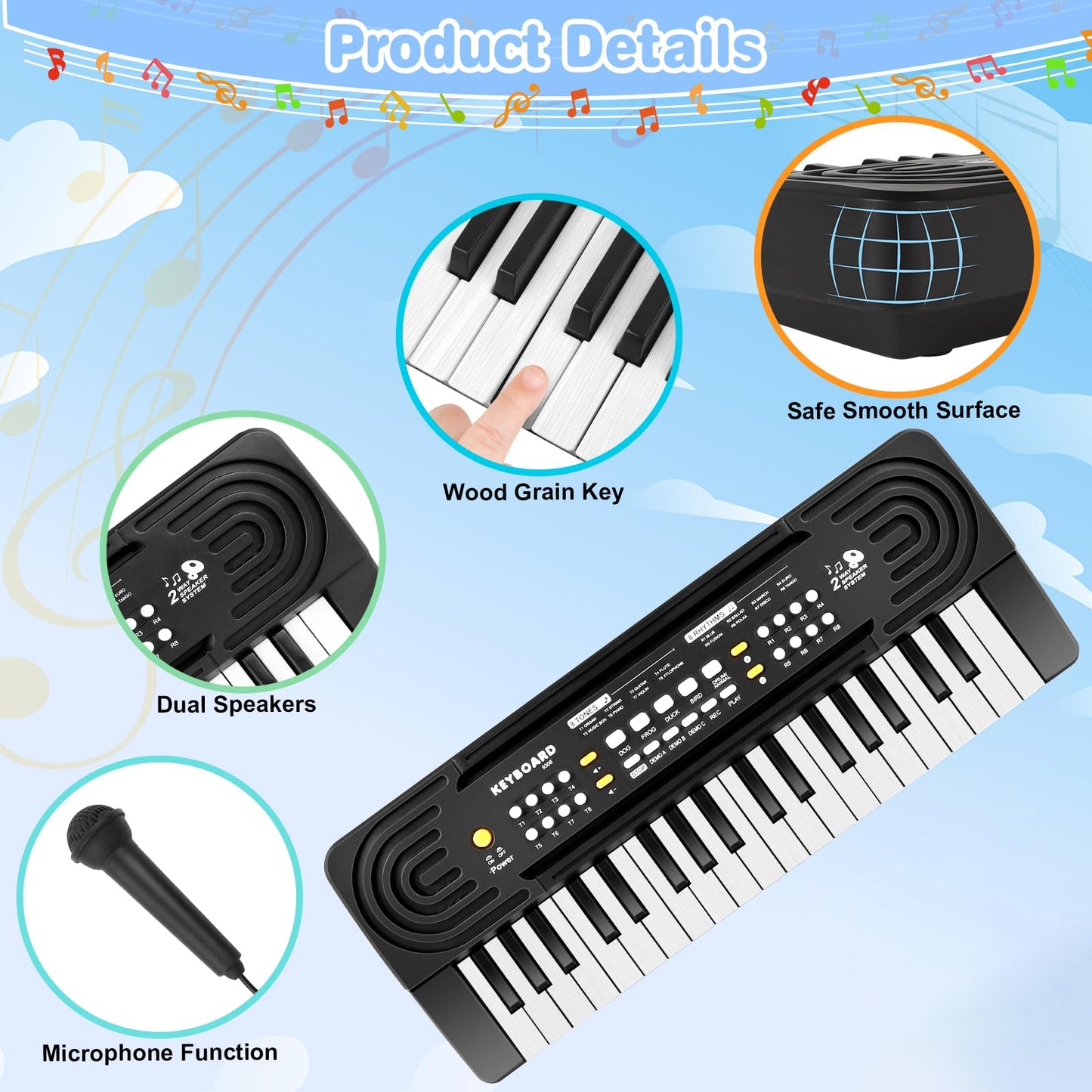 TWFRIC 37-Key Kids Toy Piano Keyboard with Microphone & Dual Speakers – 3-8 Years Gift (Black)
