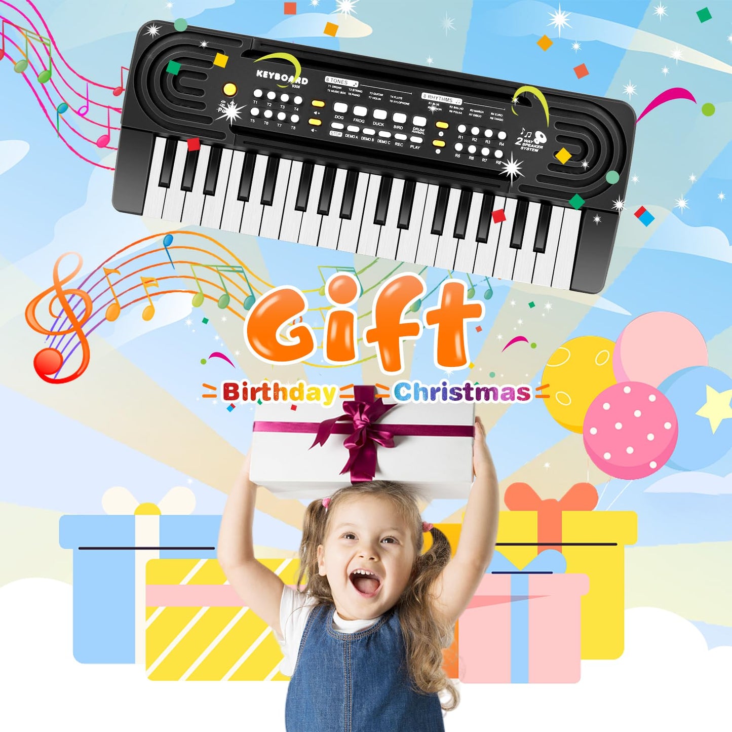 TWFRIC 37-Key Kids Toy Piano Keyboard with Microphone & Dual Speakers – 3-8 Years Gift (Black)