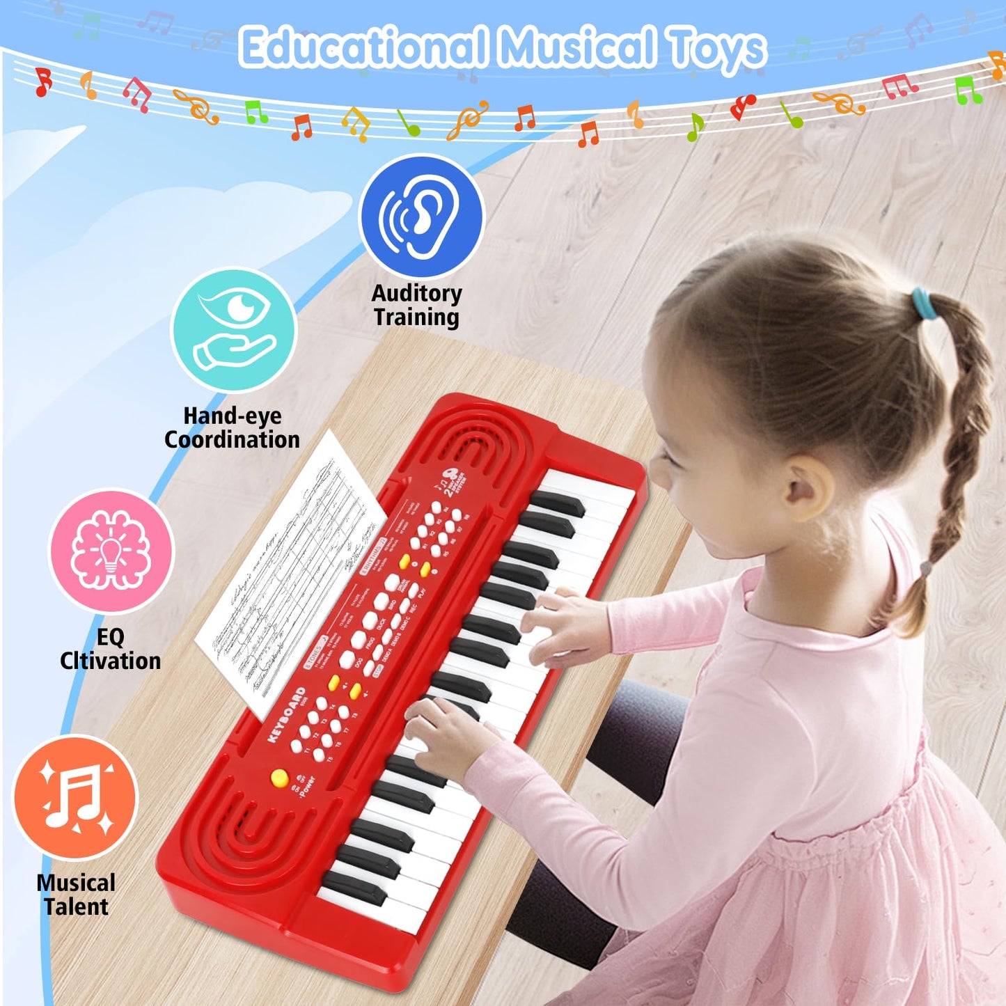 TWFRIC Kids 37-Key Toy Piano Keyboard with Dual Speakers & Mic – Ideal 3-8 Year Old Gift (Red)