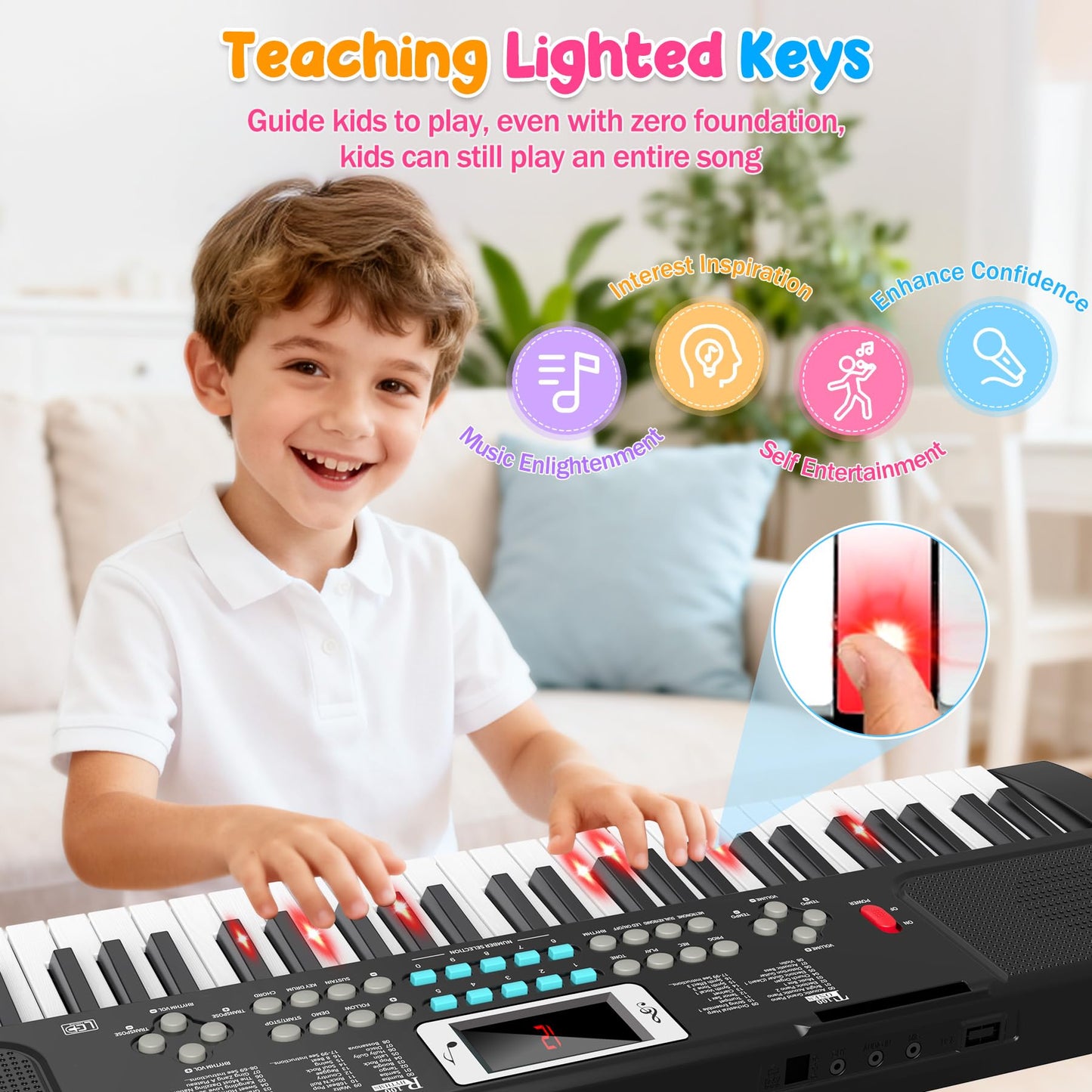 TWFRIC 61-Key Kids Piano Keyboard with Light-Up Keys, Teaching Modes, Dual Speakers