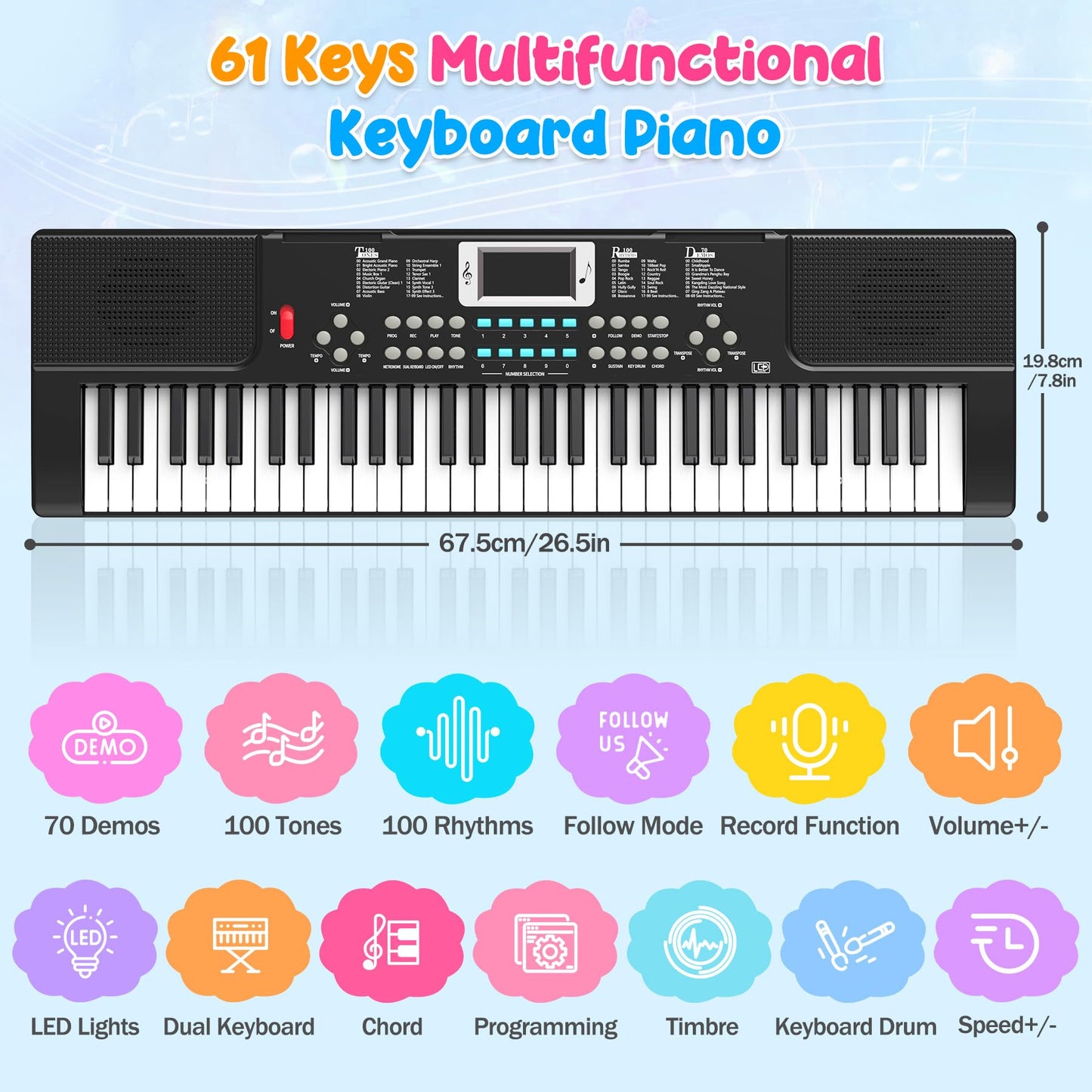 TWFRIC 61-Key Kids Piano Keyboard with Light-Up Keys, Teaching Modes, Dual Speakers