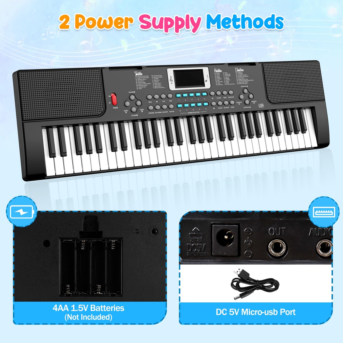 TWFRIC 61-Key Kids Piano Keyboard with Light-Up Keys, Teaching Modes, Dual Speakers