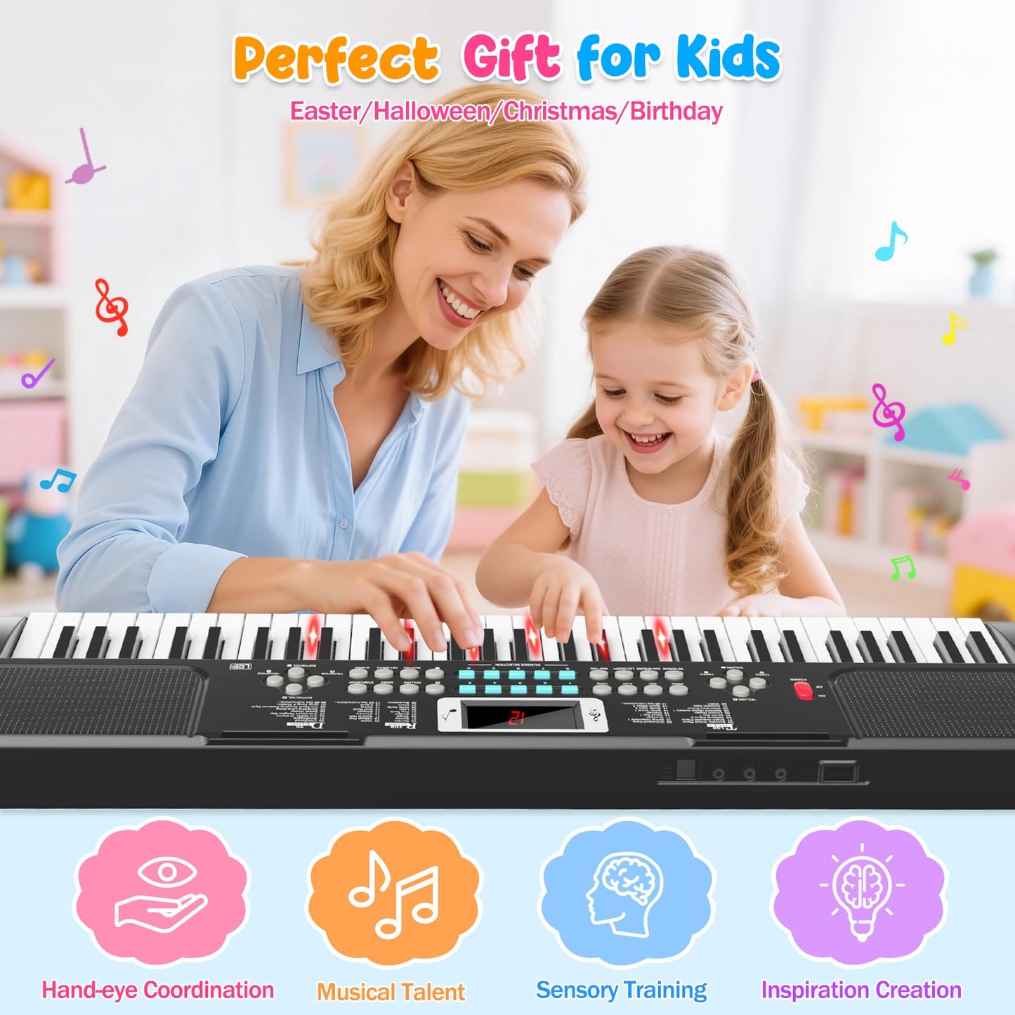 TWFRIC 61-Key Kids Piano Keyboard with Light-Up Keys, Teaching Modes, Dual Speakers
