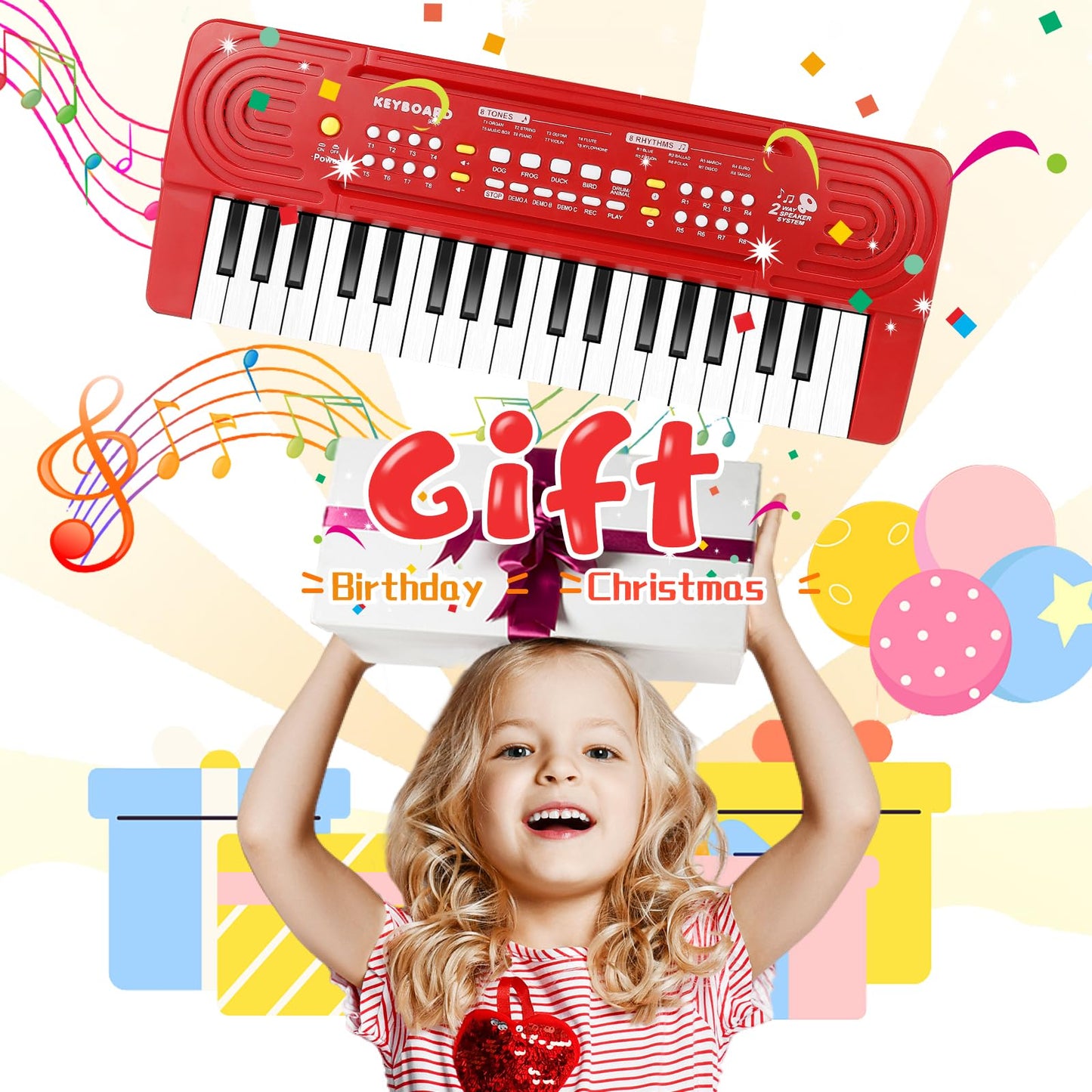TWFRIC Kids 37-Key Toy Piano Keyboard with Dual Speakers & Mic – Ideal 3-8 Year Old Gift (Red)