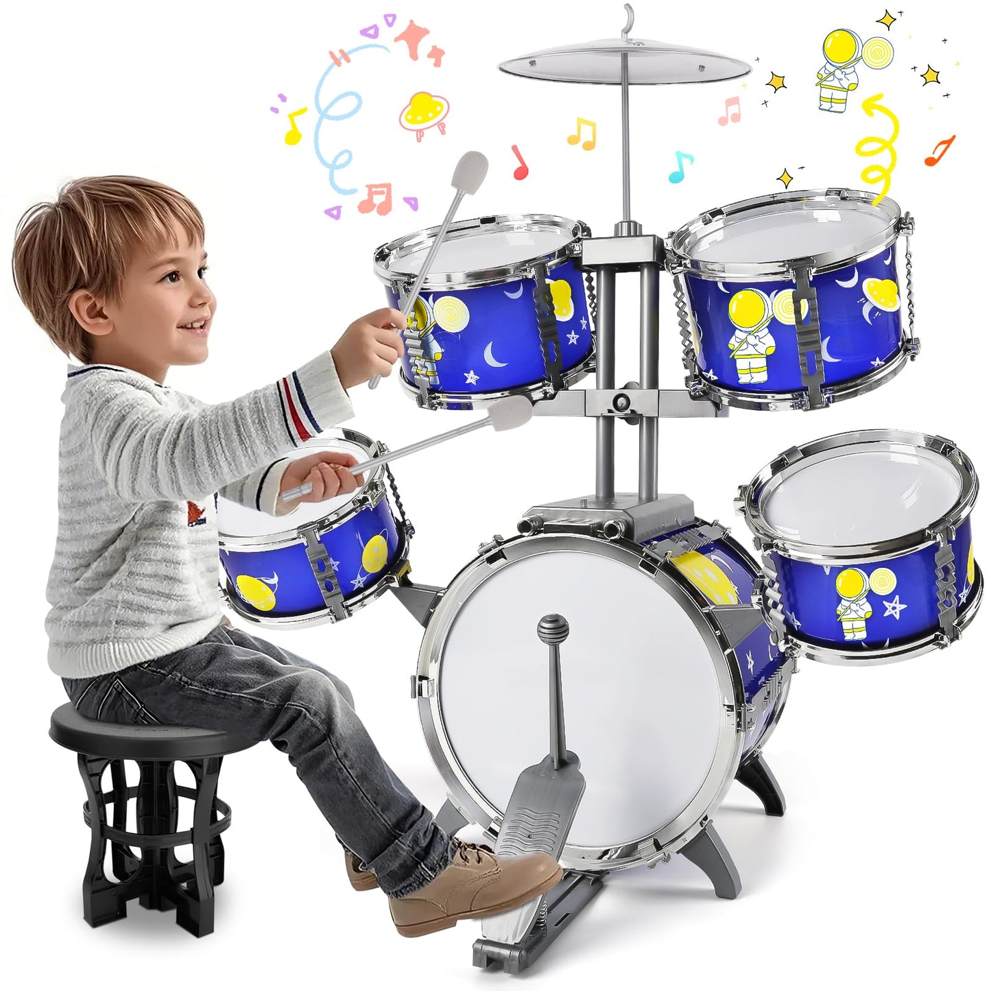 TWFRIC Toddler Drum Set Toys for Boys 3-5 – 5-Drum Jazz Kit with Bass Drum & Stool